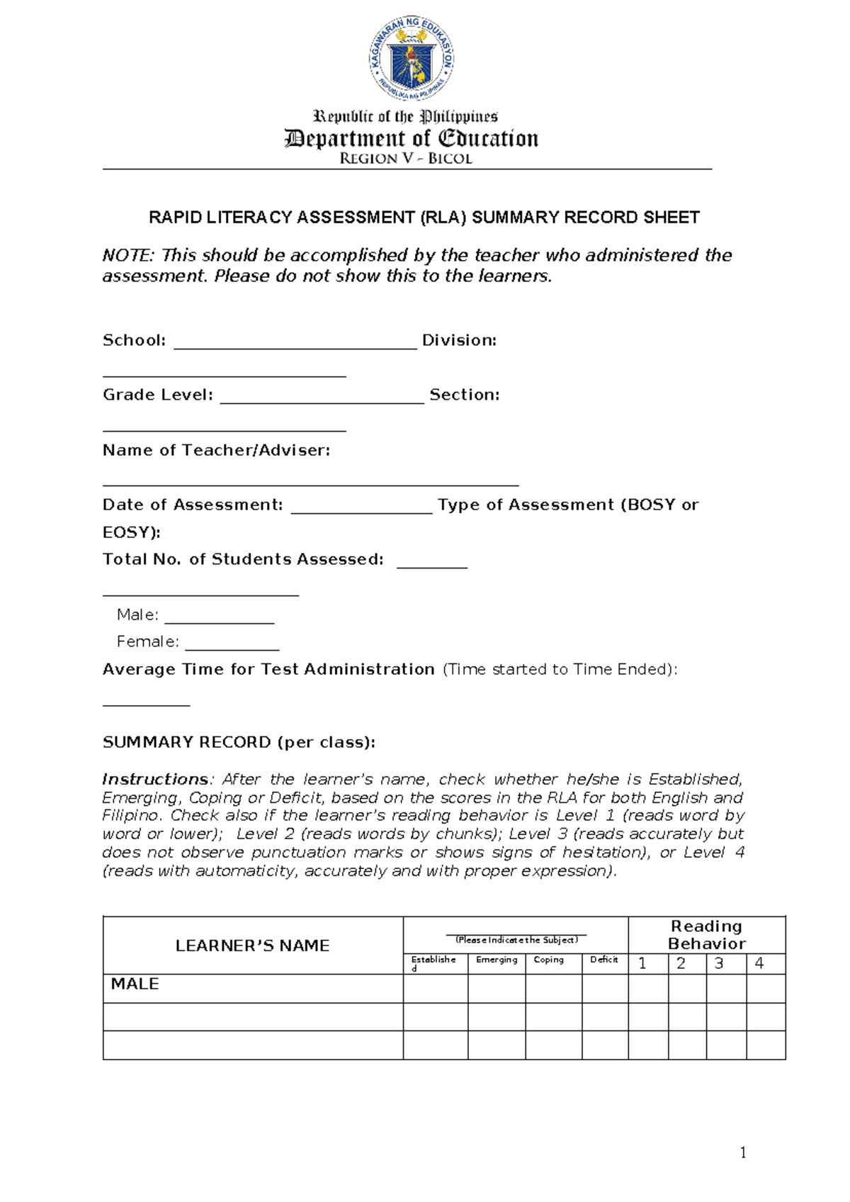 RLA-Summary-Record-Sheet Mahinhin - RAPID LITERACY ASSESSMENT (RLA ...