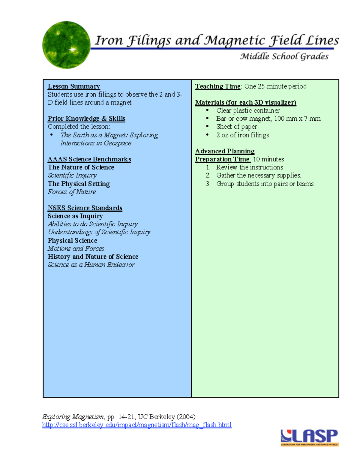 P1-2 3D field - Lesson Summary Students use iron filings to observe the ...