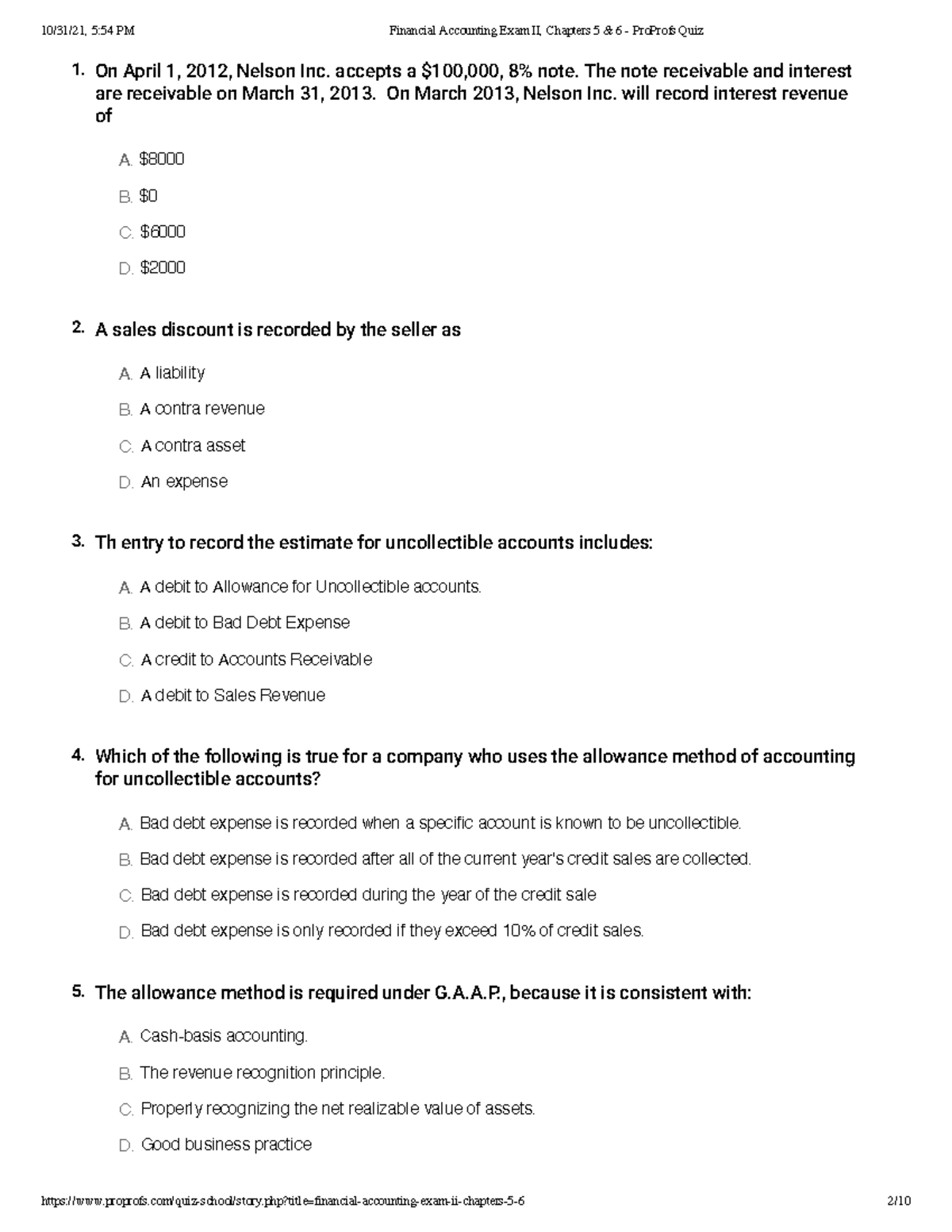 Financial Accounting Exam II, Chapters 5 & 6 - Pro Profs Quiz - A. B. C ...