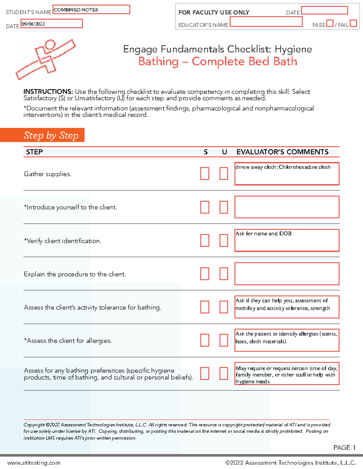 Skills checklist combined bed bath PAGE 1 Copyright ©2022 Assessment Technologies Institute