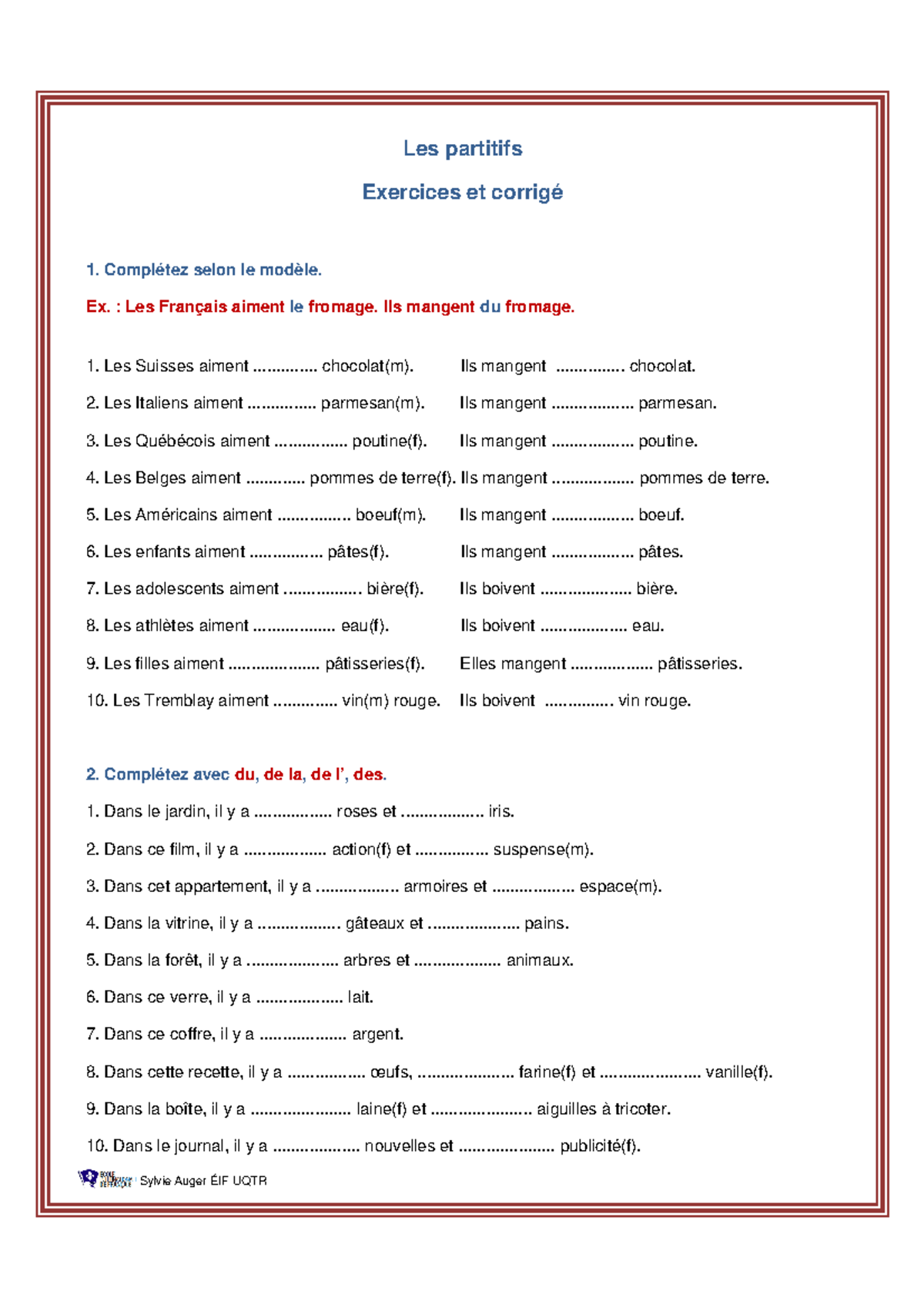 Les articles partitifs exercices et corrigé( Ejercicios DE Frances ...