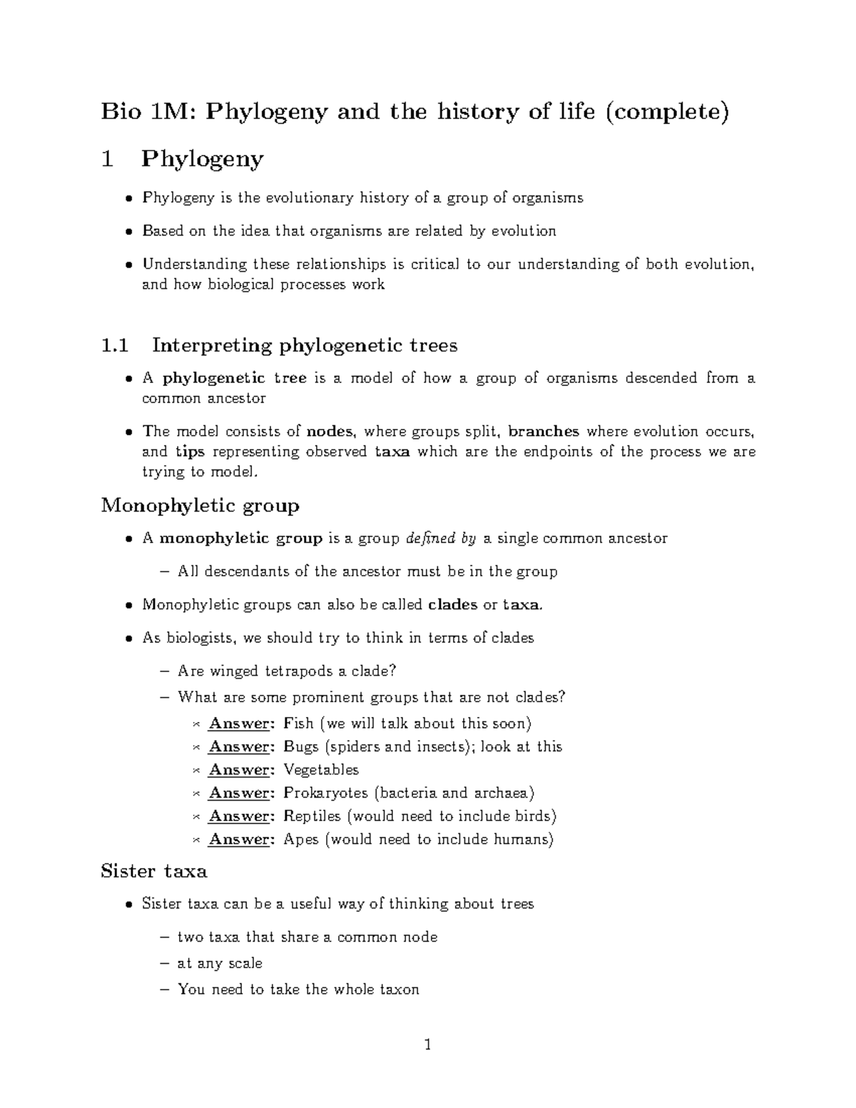 Phylogeny - Notes - Bio 1M: Phylogeny and the history of life (complete ...