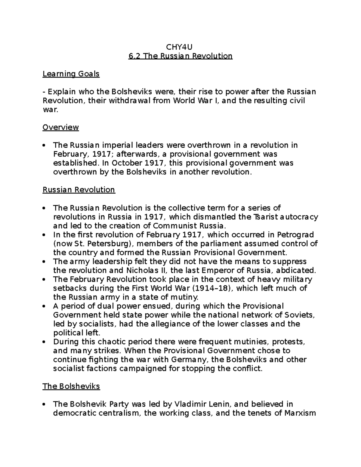 6.2 The Russian Revolution Notes - CHY4U 6 The Russian Revolution ...
