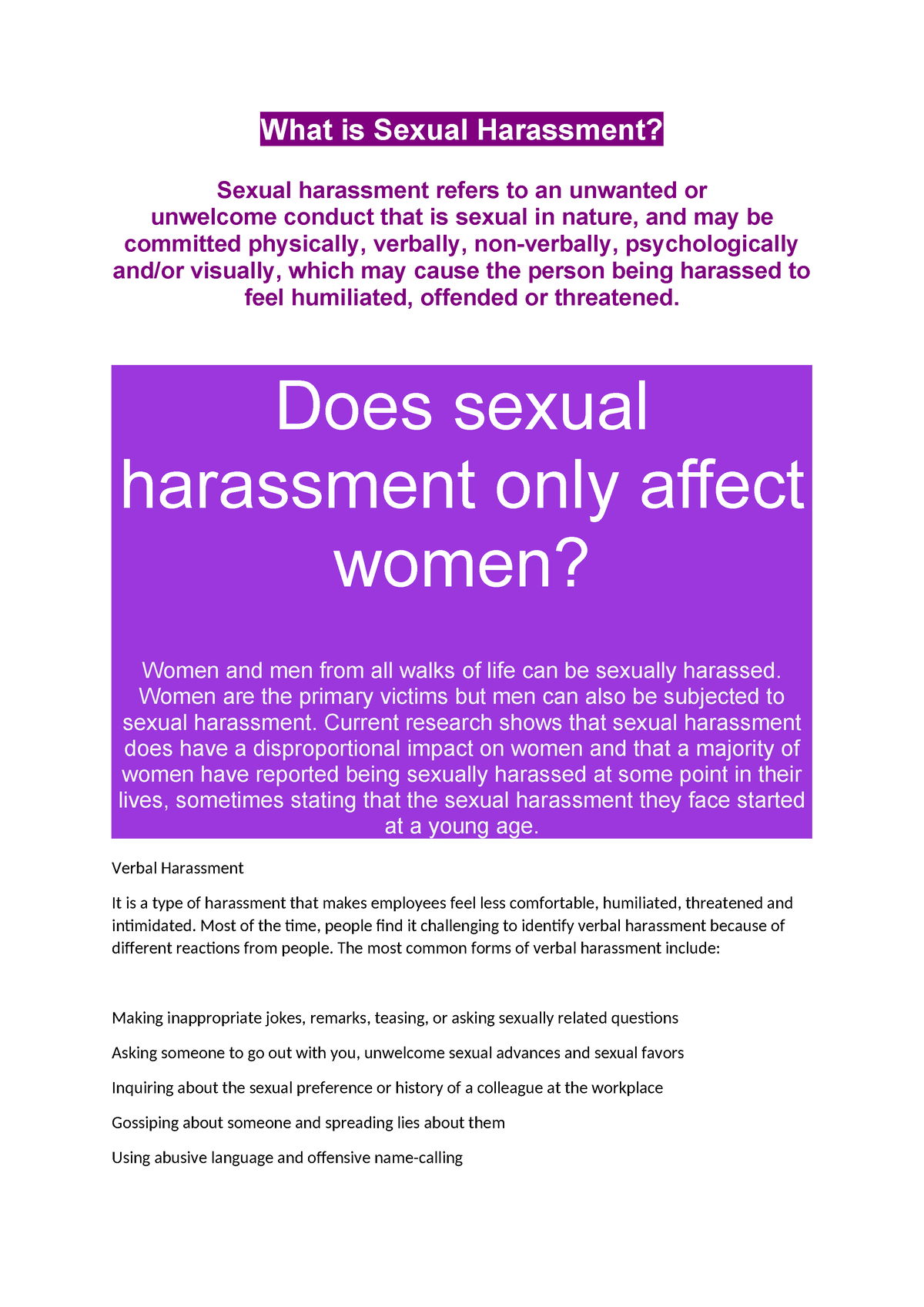 What Is Sexual Harassment What Is Sexual Harassment Sexual Harassment Refers To An Unwanted 1466