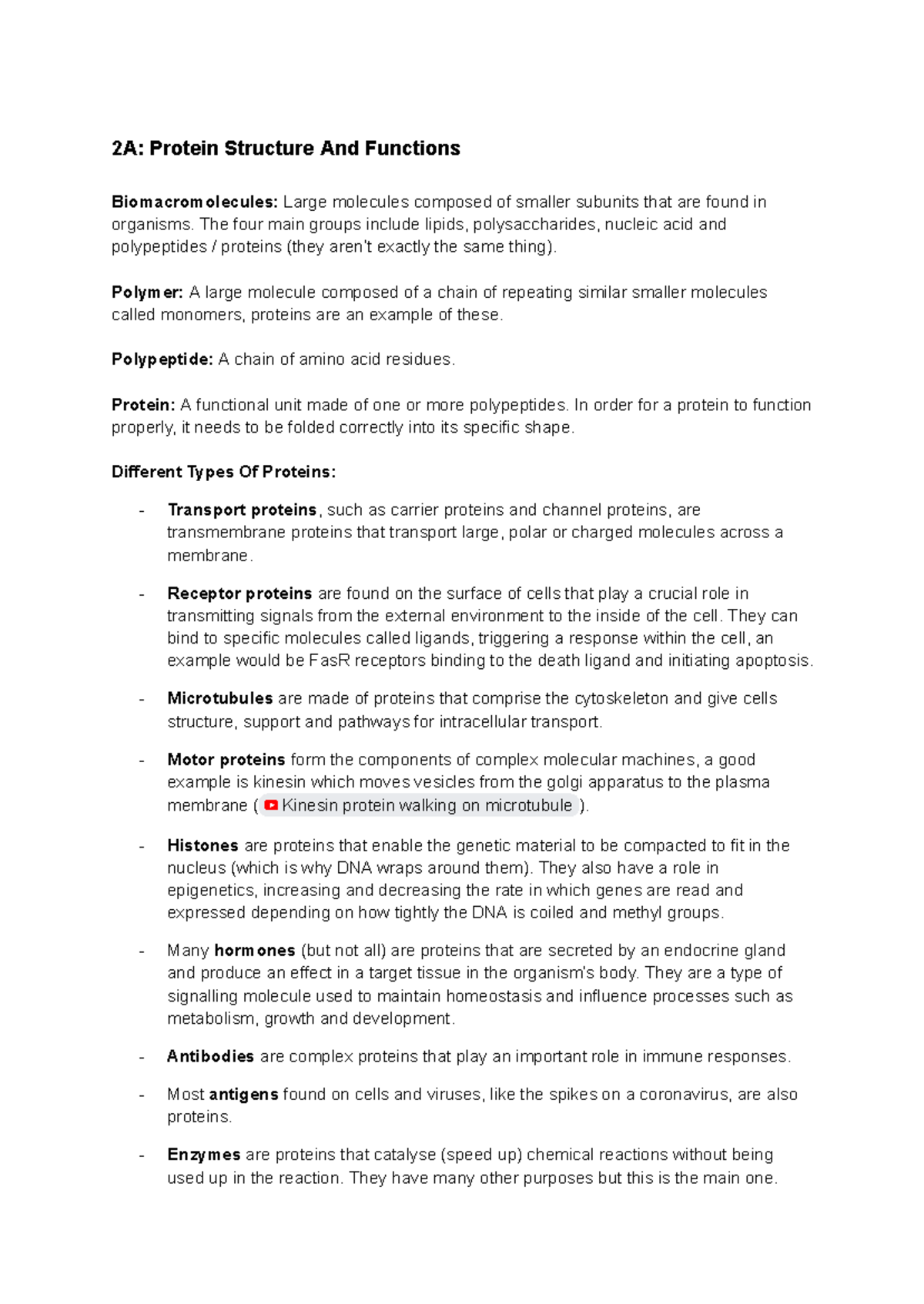Biology Unit Three Area Of Study One Notes - 2A: Protein Structure And ...