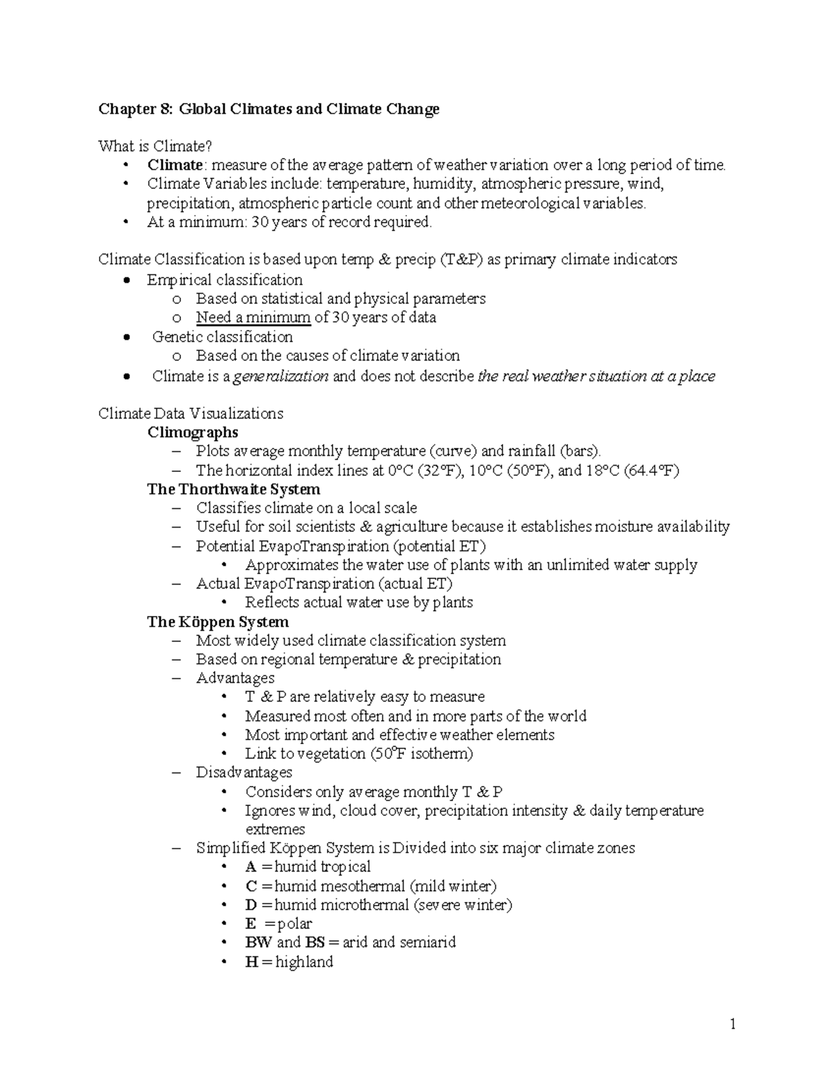 Lec ch 8 notes - Geography - Chapter 8: Global Climates and Climate ...