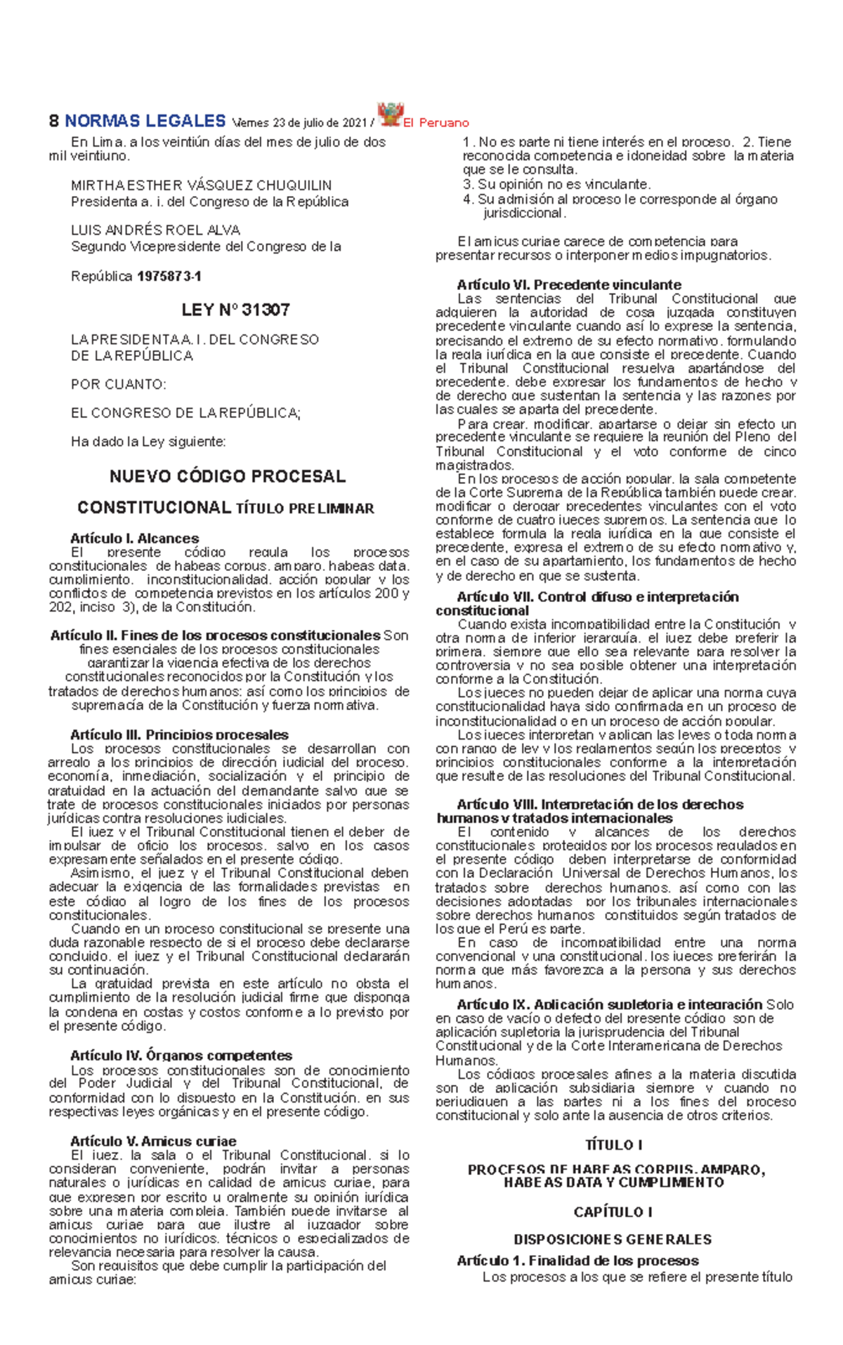 Nuevo Código Procesal Constitucional Ley 31307 - 8 NORMAS LEGALES ...