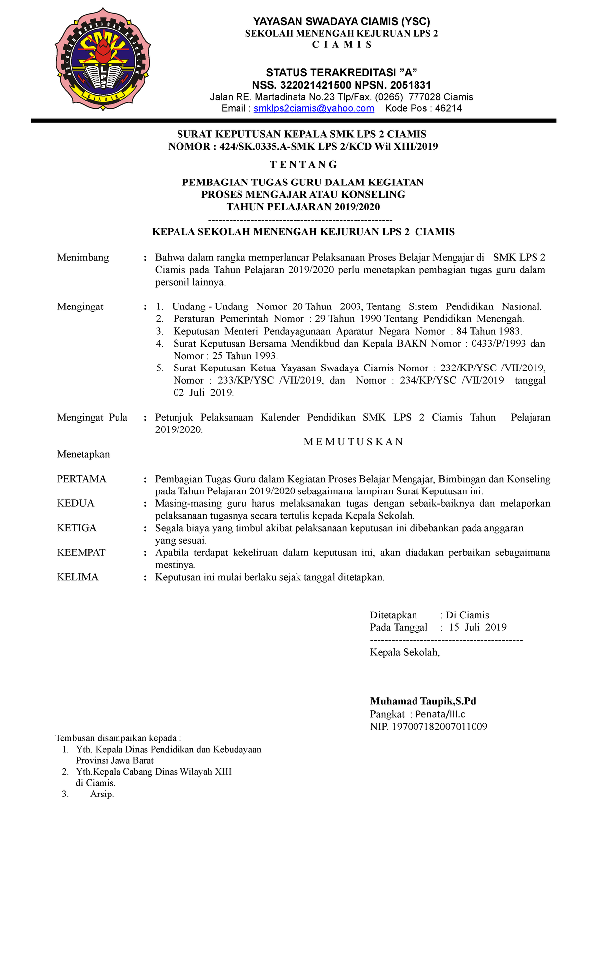 Surat Keputusan KBM 2019 Juli - SURAT KEPUTUSAN KEPALA SMK LPS 2 CIAMIS ...