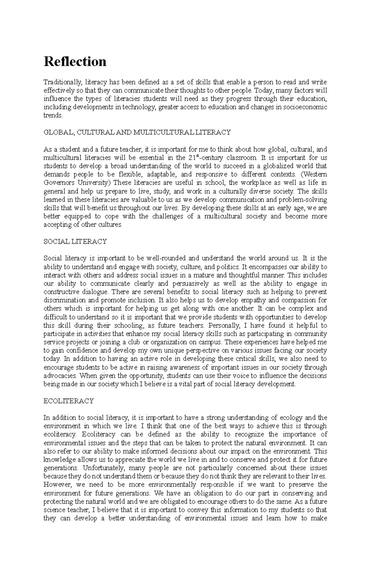 Ed 9 Reflection - Essay - Reflection Traditionally, literacy has been ...