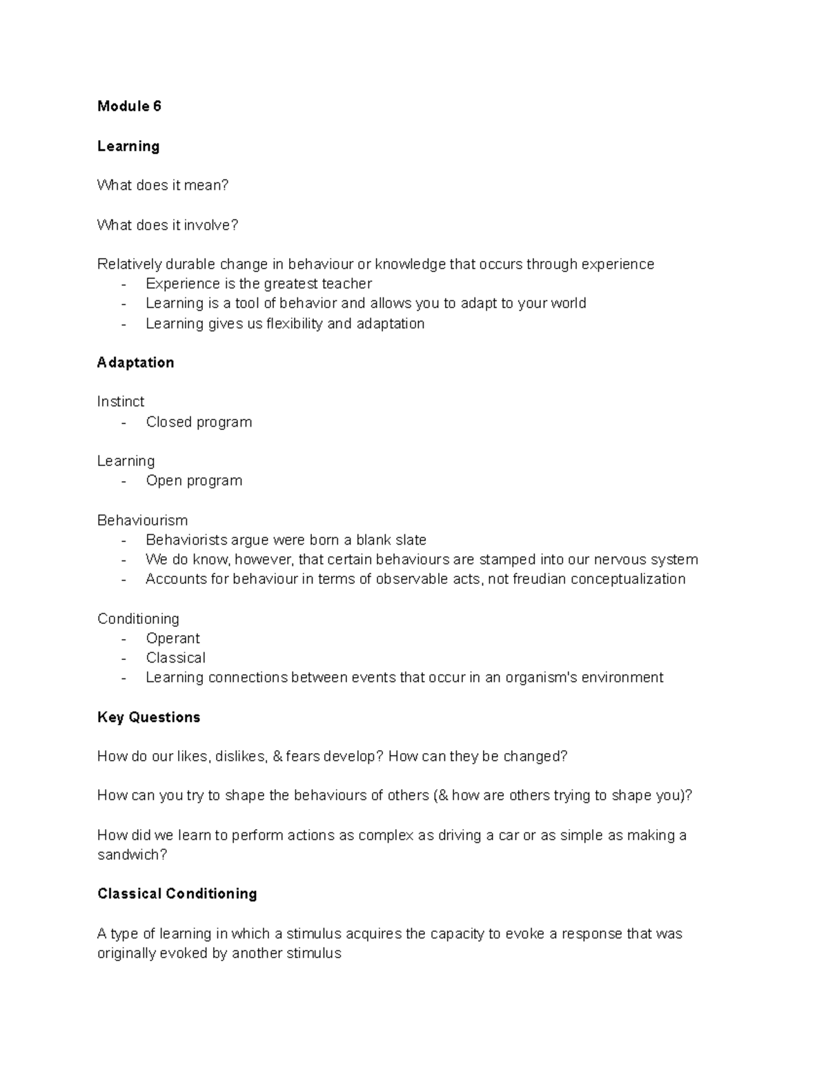 Module 6 notes psyc - Module 6 Learning What does it mean? What does it ...