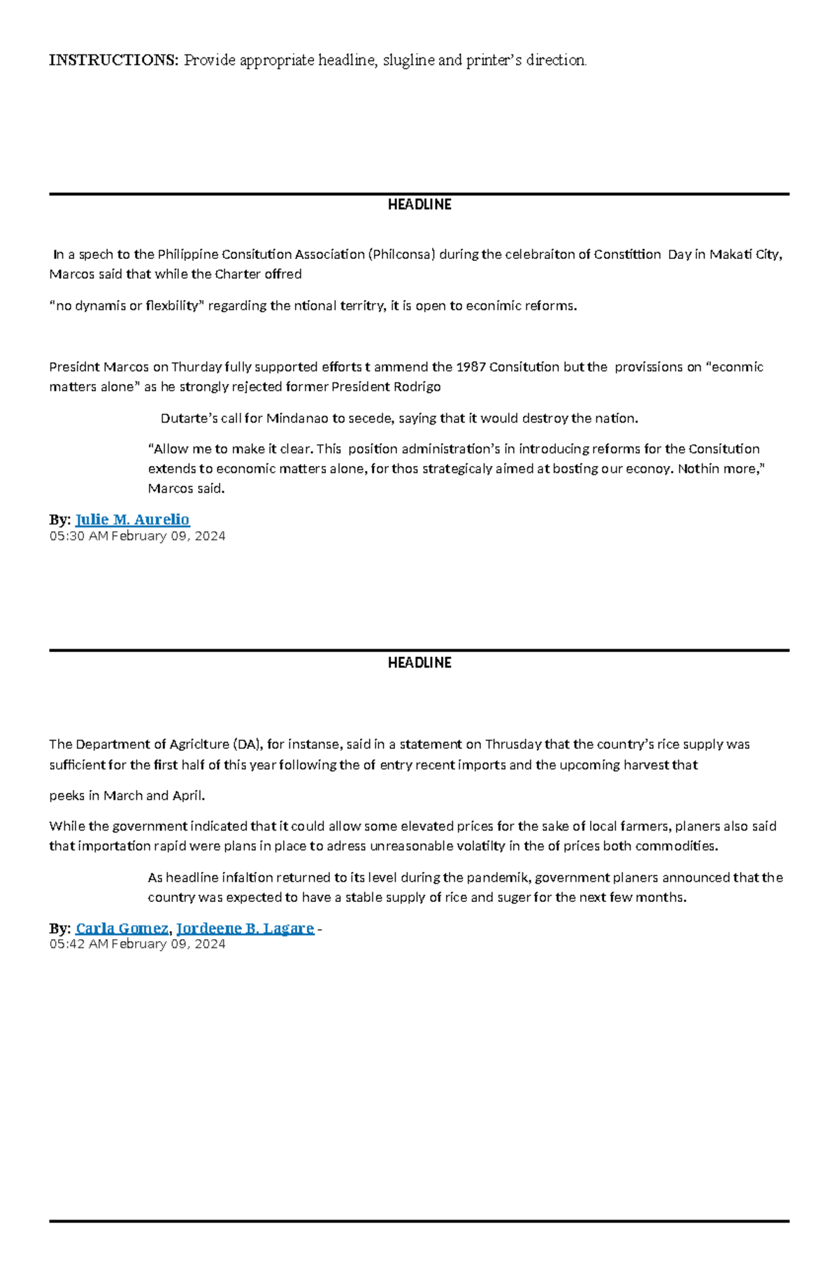 Copyreading & Headline Writing Worksheets - INSTRUCTIONS: Provide ...