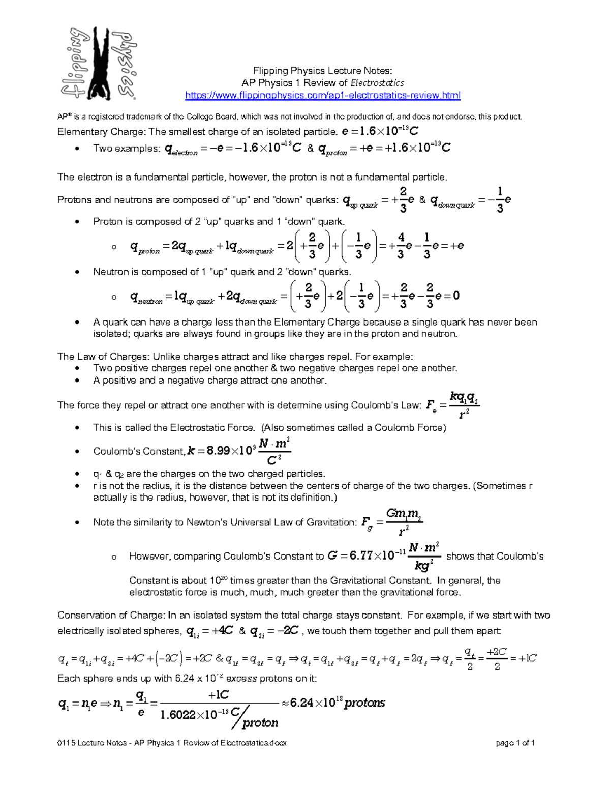 Electrostatics Notes 0115 Lecture Notes AP Physics 1 Review of