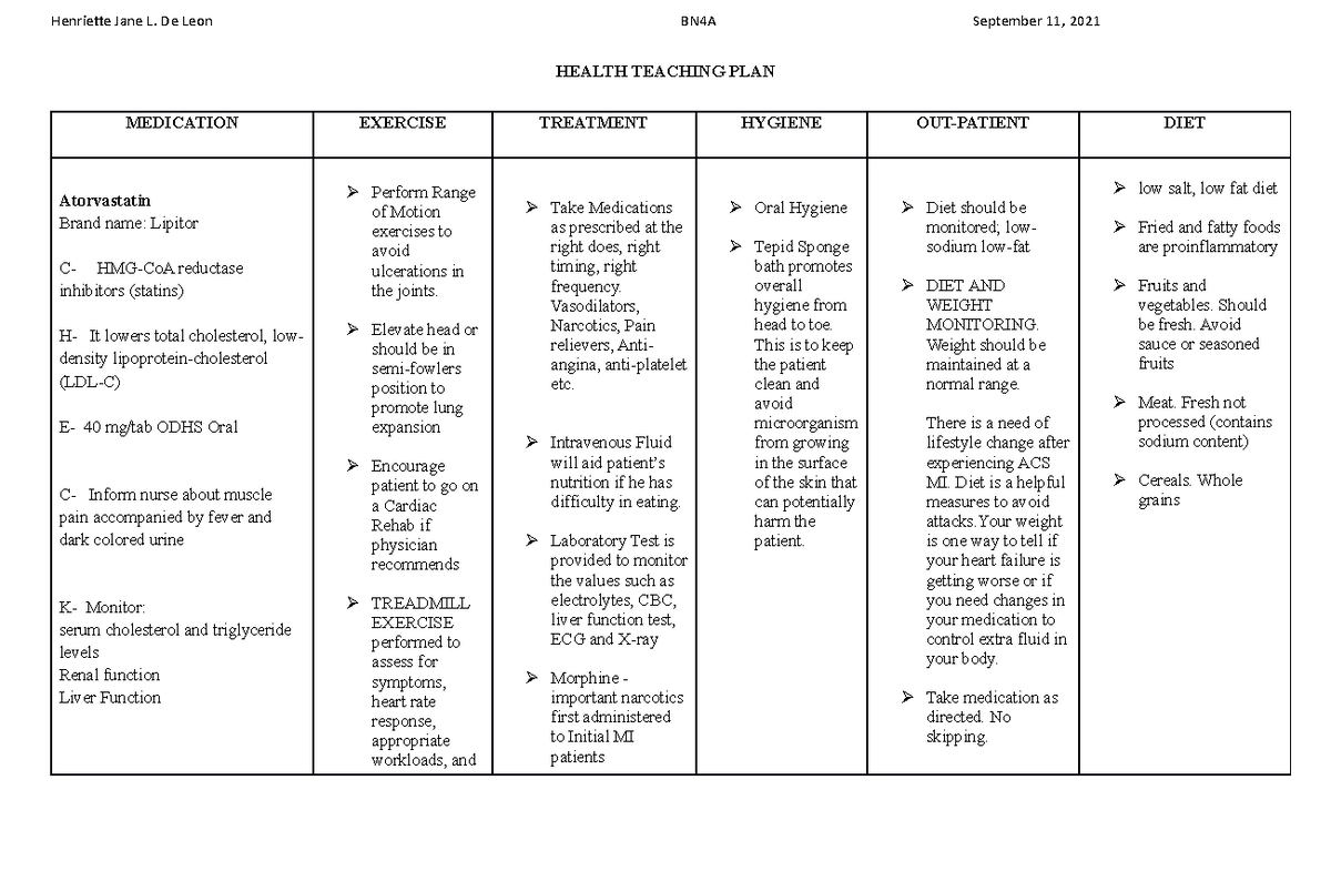 Health Teaching Plan for nursing students - Henriette Jane L. De Leon ...