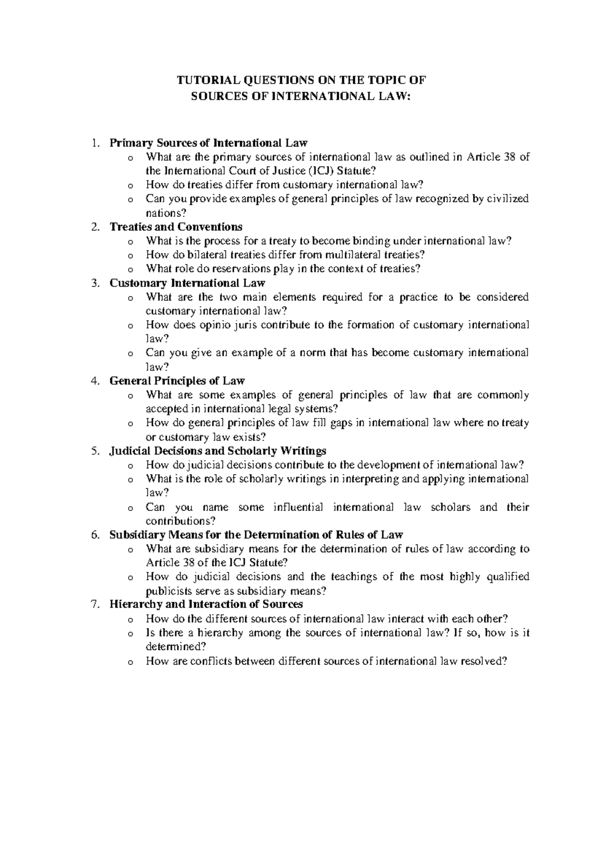Sources of International Law - TUTORIAL QUESTIONS ON THE TOPIC OF ...