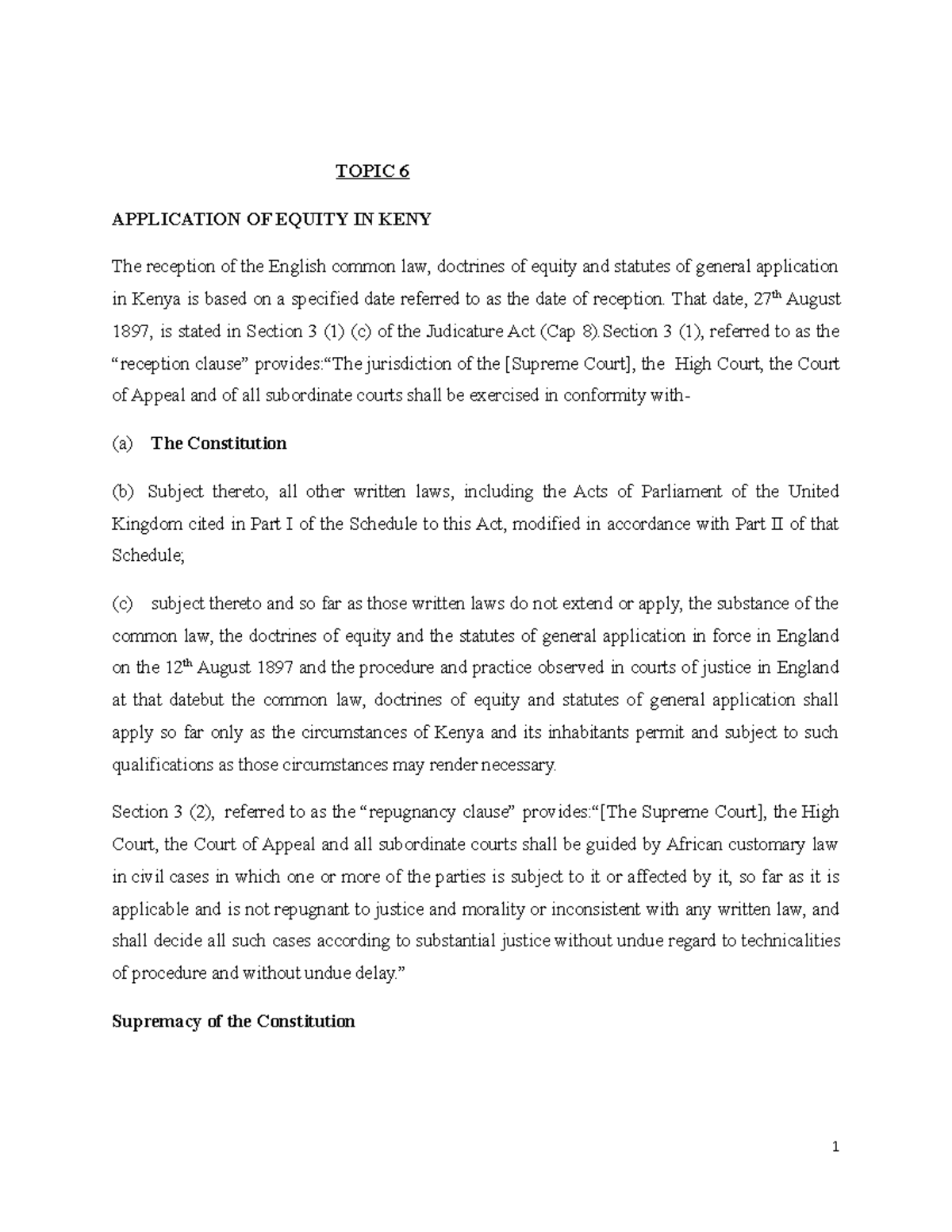 Application OF Equity IN KENY Topic 6 TOPIC 6 APPLICATION OF EQUITY