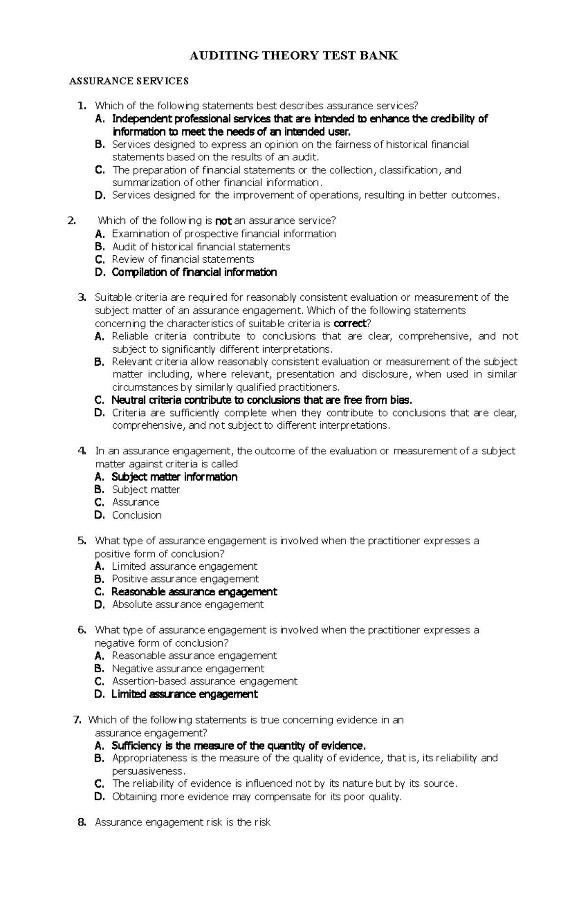 Auditing reviewer theory questions - AUDITING THEORY TEST BANK ...