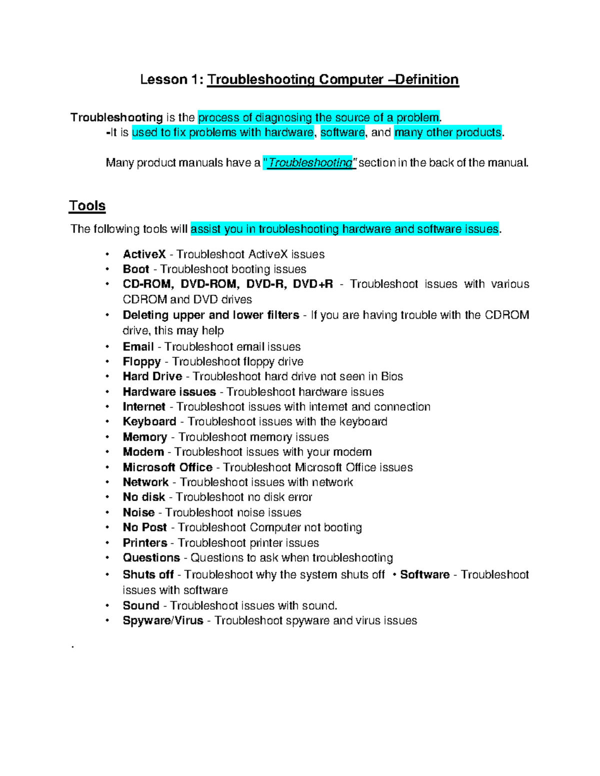 Lesson 1 Troubleshooting Computer - Lesson 1: Troubleshooting Computer ...