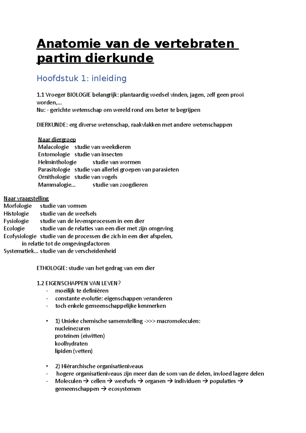 Hoofdstuk 1 Dierkunde Inleiding Samenvatting - UAntwerpen - Studocu