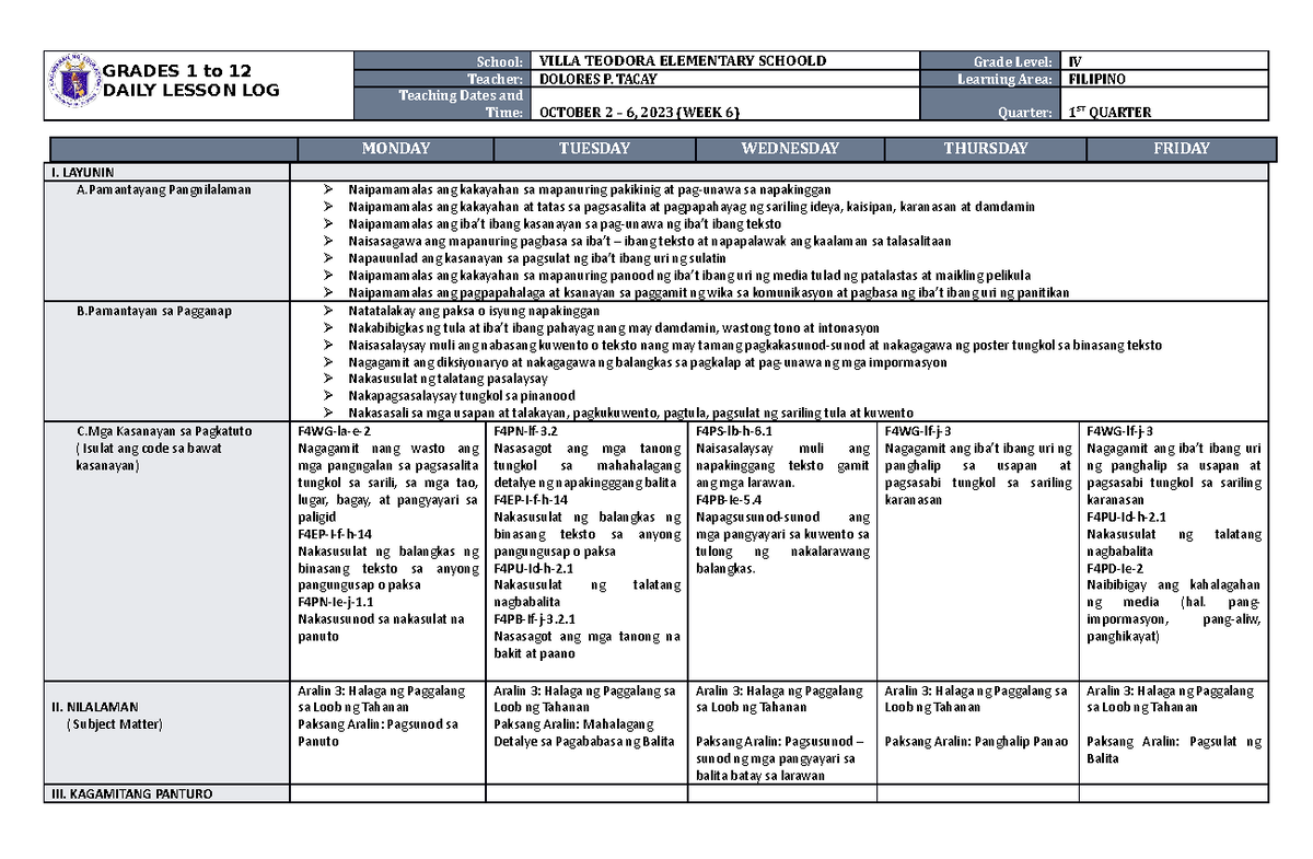 DLL Filipino 4 Q1 W6 - DLL ELEM - GRADES 1 to 12 DAILY LESSON LOG ...