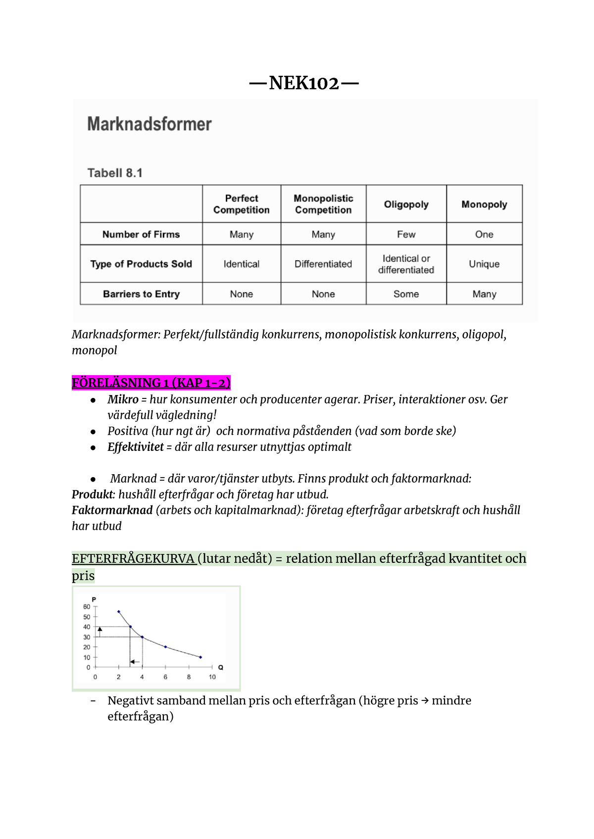 NEK102 - —NEK102— Marknadsformer: Perfekt/fullständig Konkurrens ...