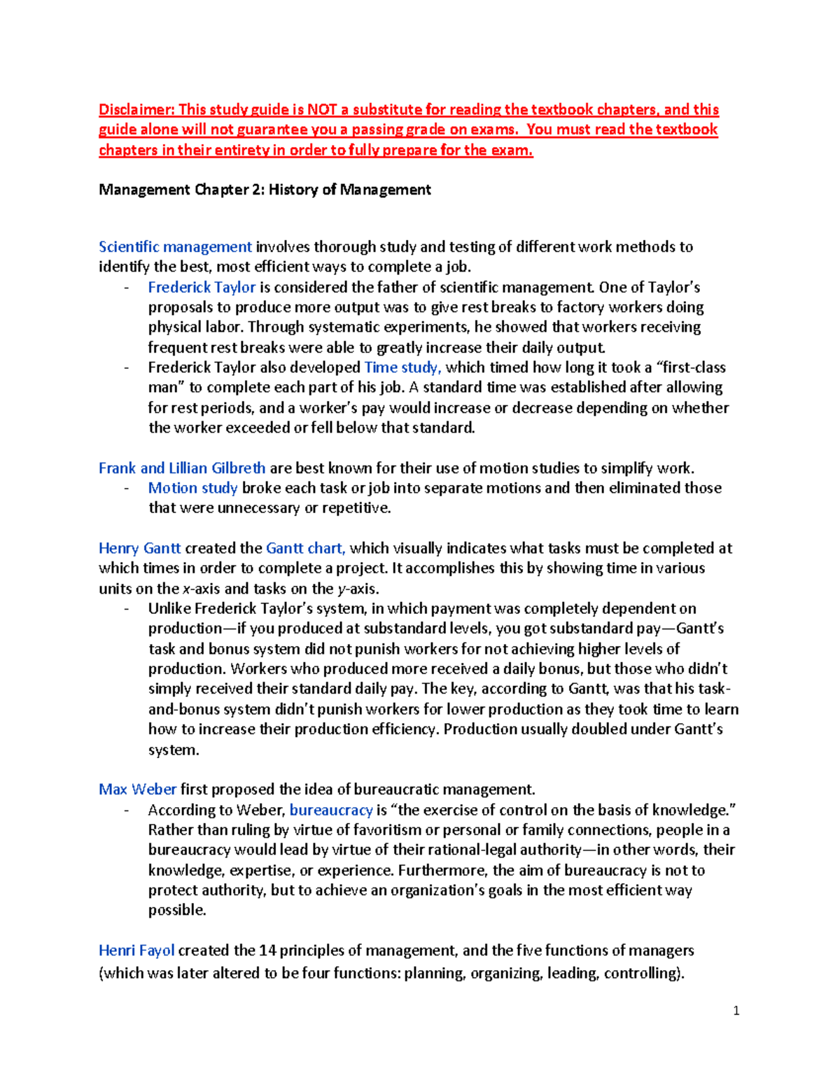 Chapter 2 Study Guide - Principles Of Management - 1 Disclaimer: This ...