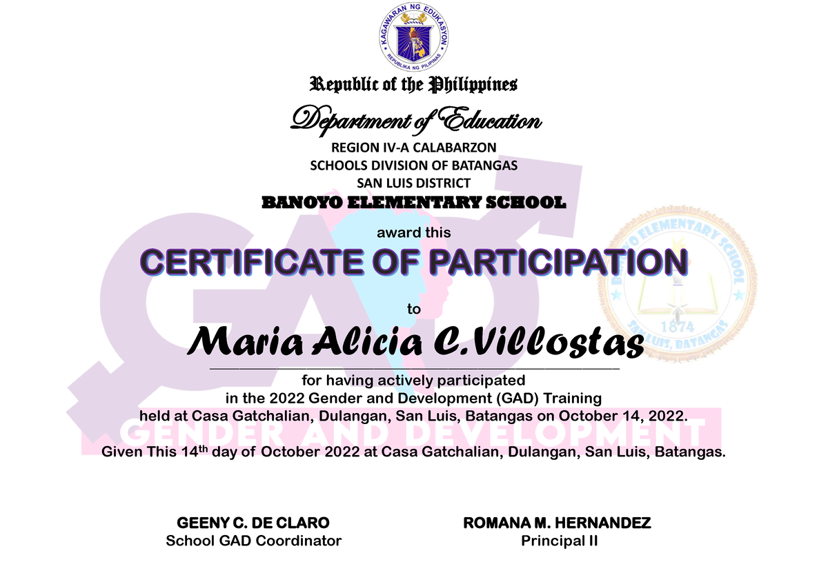 Cert Fo GAD 2022 Sample Certificate Department Of Education REGION 