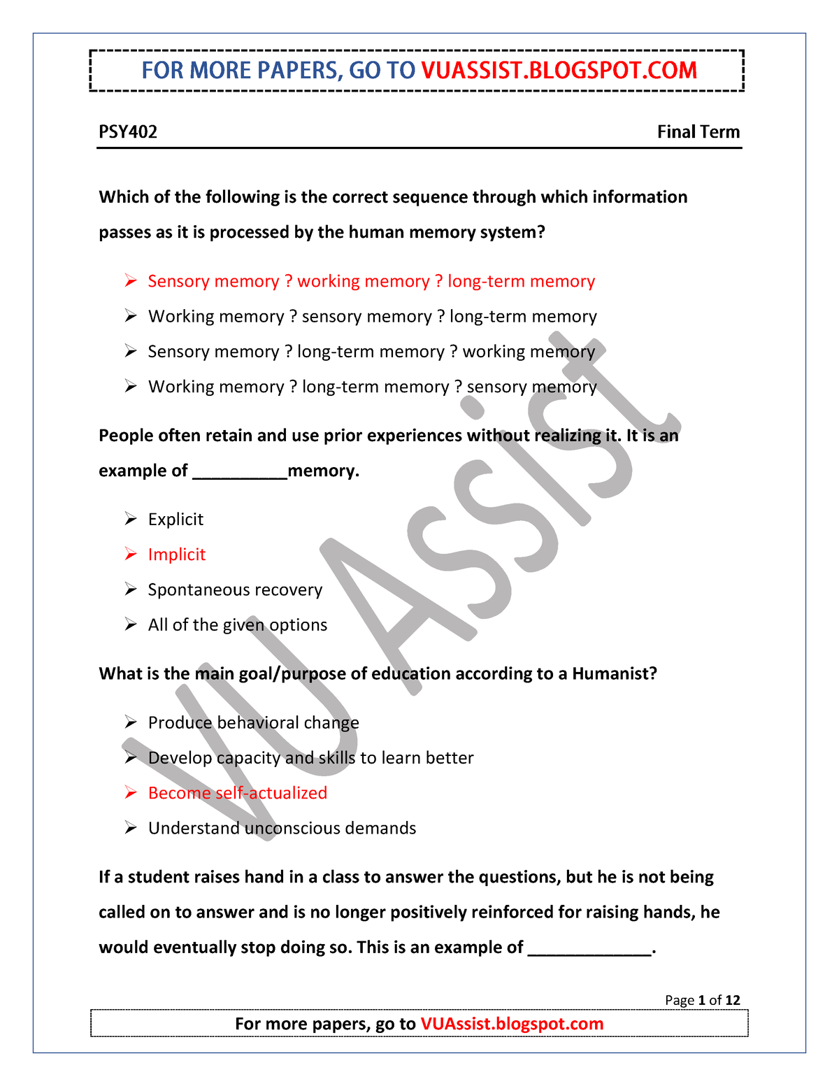 PSY402 Final Term Past Paper 2 - Page 1 Of 12 Which Of The Following Is ...