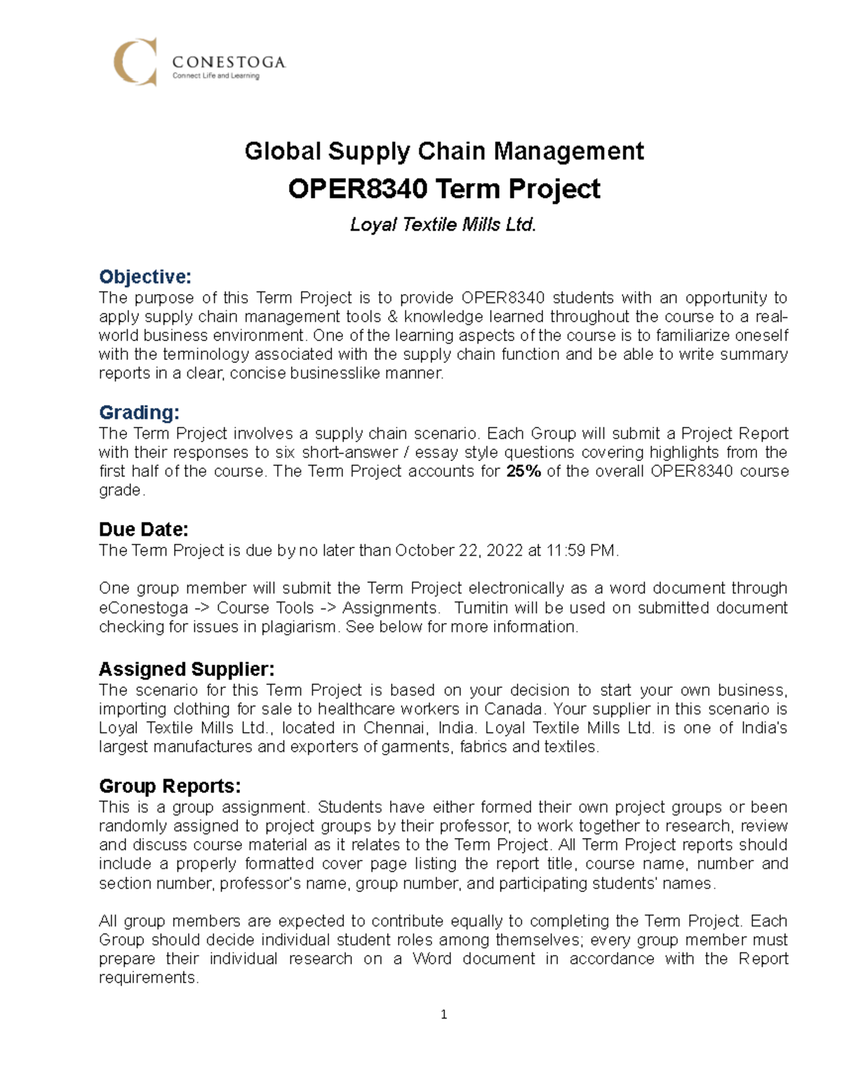 OPER8340 Term Project F22 Loyal Textile Mills Ltd - Global Supply Chain ...
