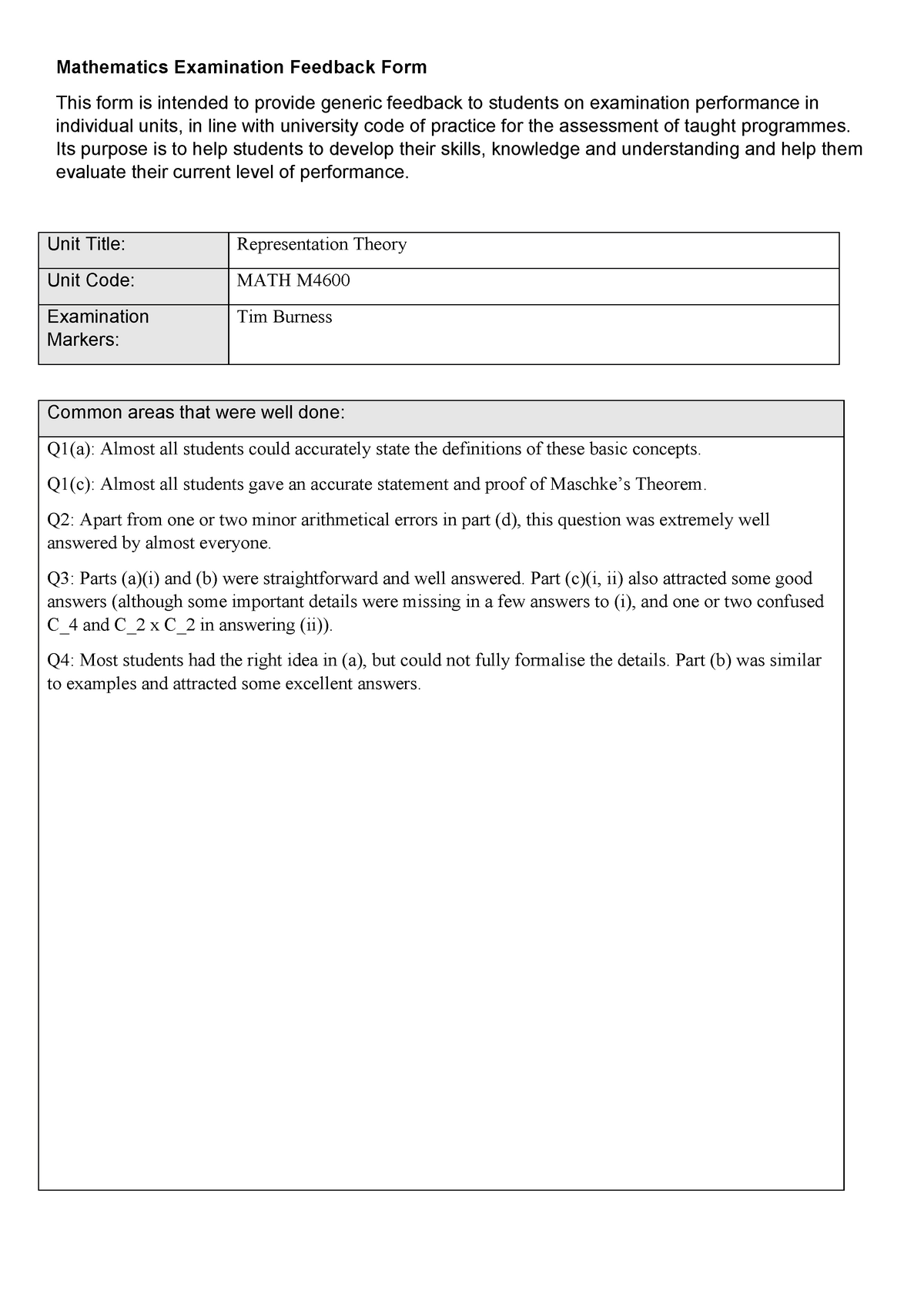 Representation Theory Exam Feedback 2020 - Mathematics Examination ...