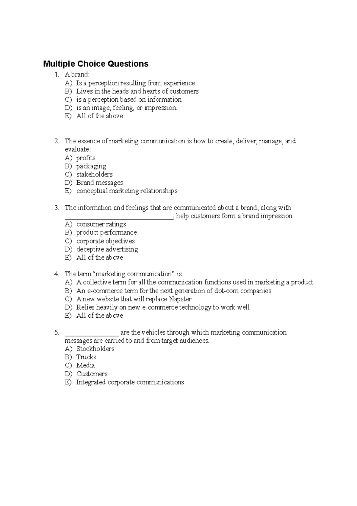 2018 - Practice multi choice questions - Multiple Choice Questions 1. A ...