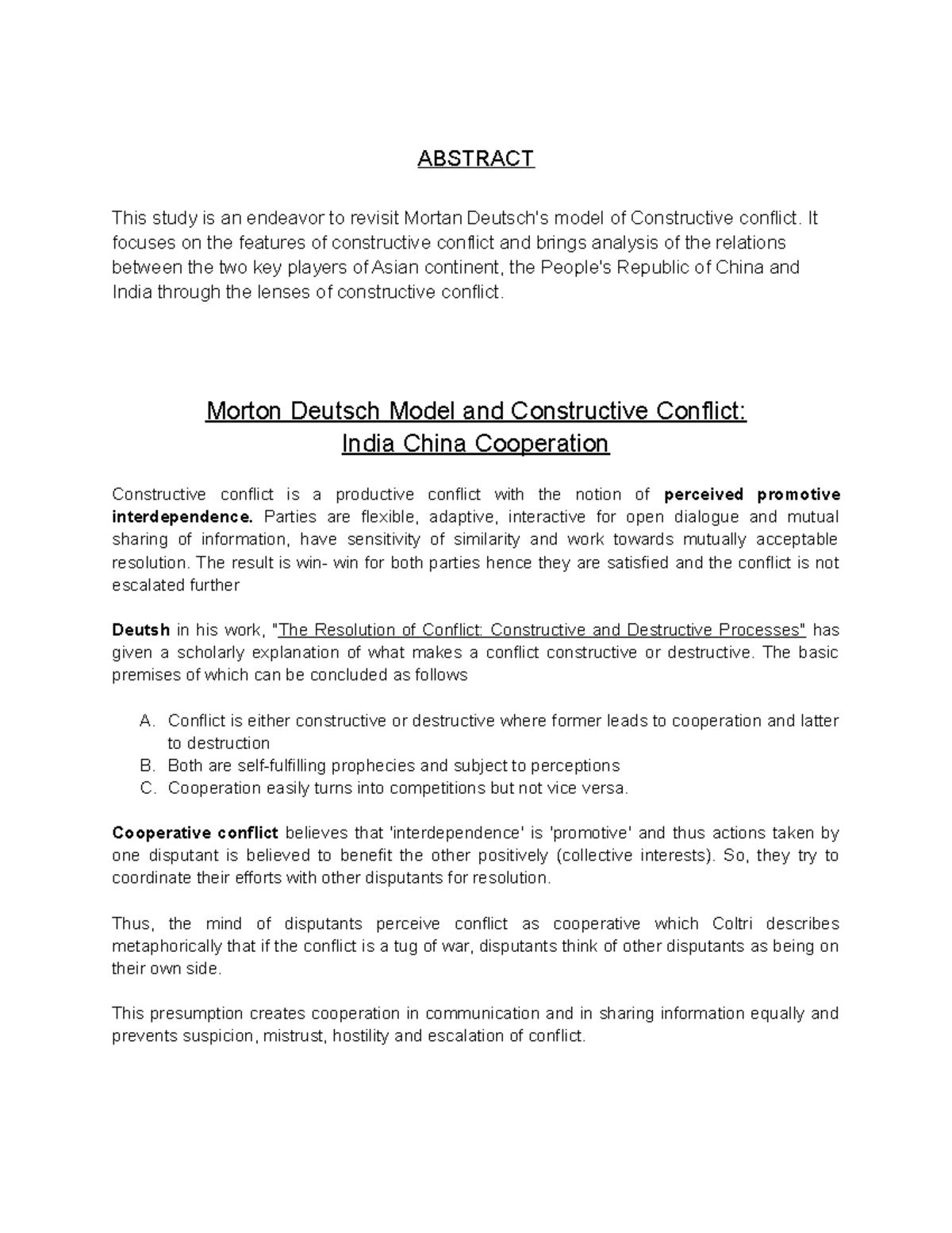 Morton Deutsch Model and Constructive Conflict: India China Cooperation ...