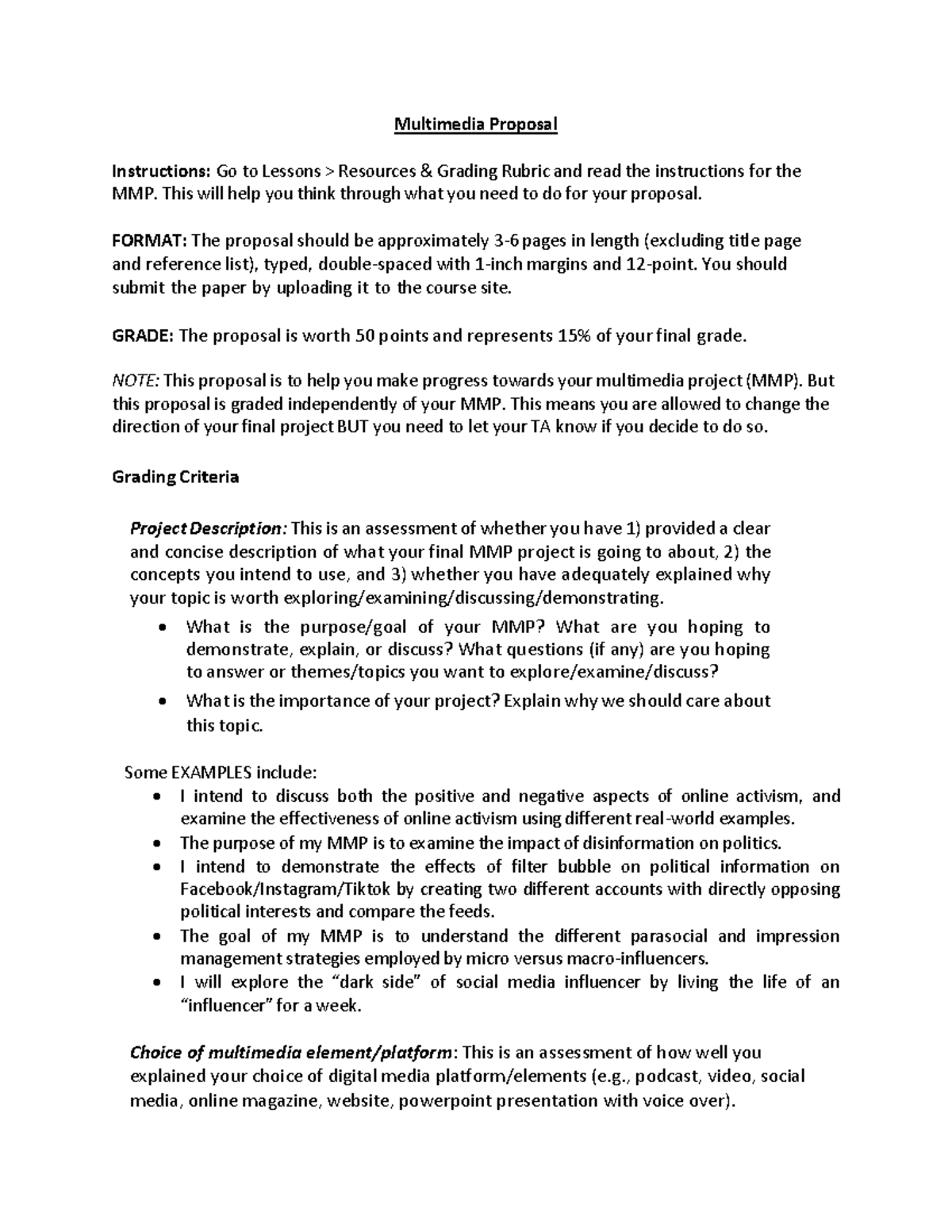 Grading Rubric MMP Proposal - Multimedia Proposal Instructions: Go to ...