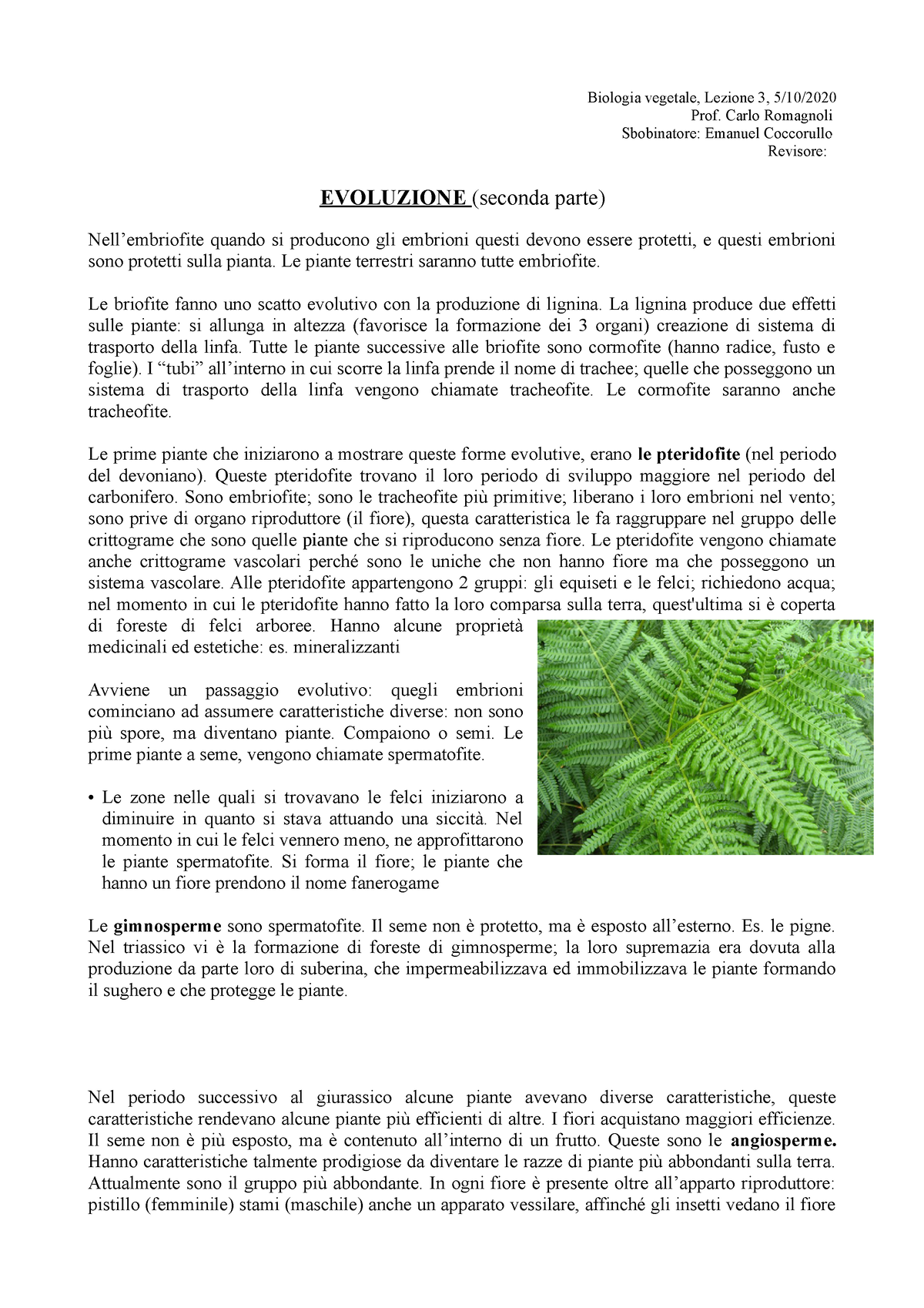 Lezione 3 5 10 2020 Biologia Vegetale Lezione 3 510 Prof Carlo Romagnoli Sbobinatore 0266