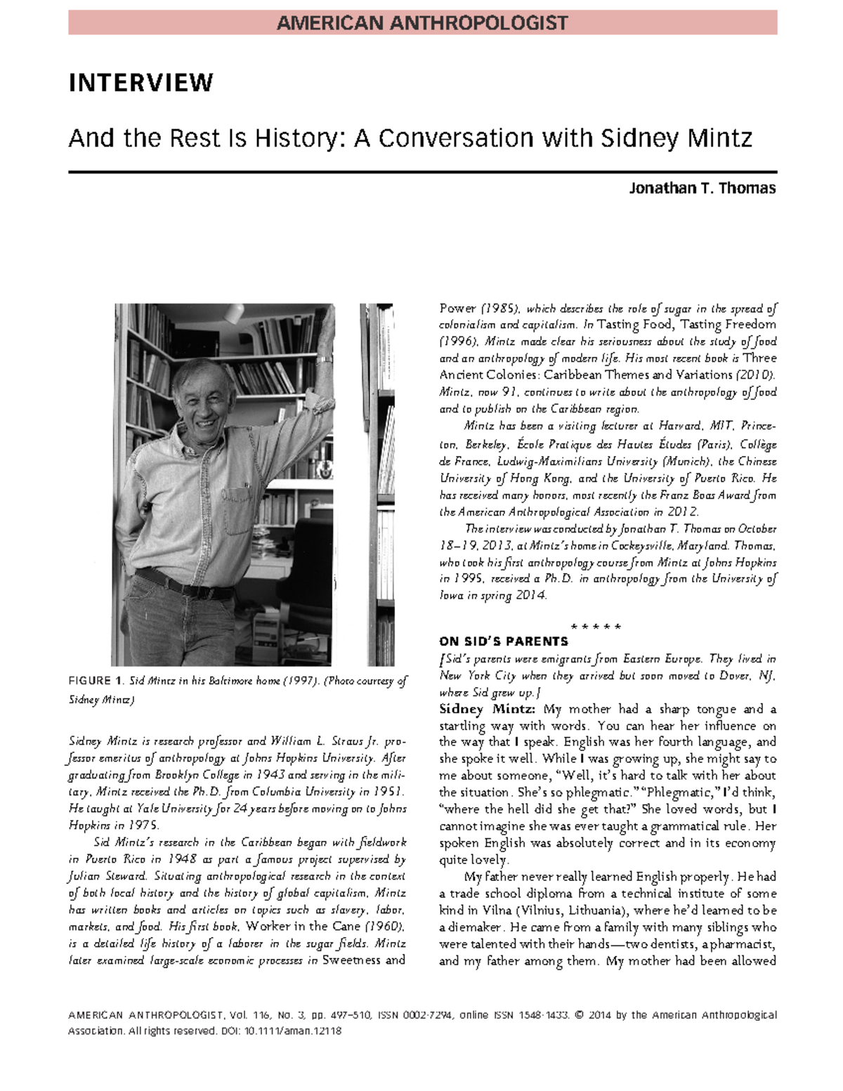 Mintz Interview 2014 AMERICAN ANTHROPOLOGIST INTERVIEW And the Rest Is History A Conversation