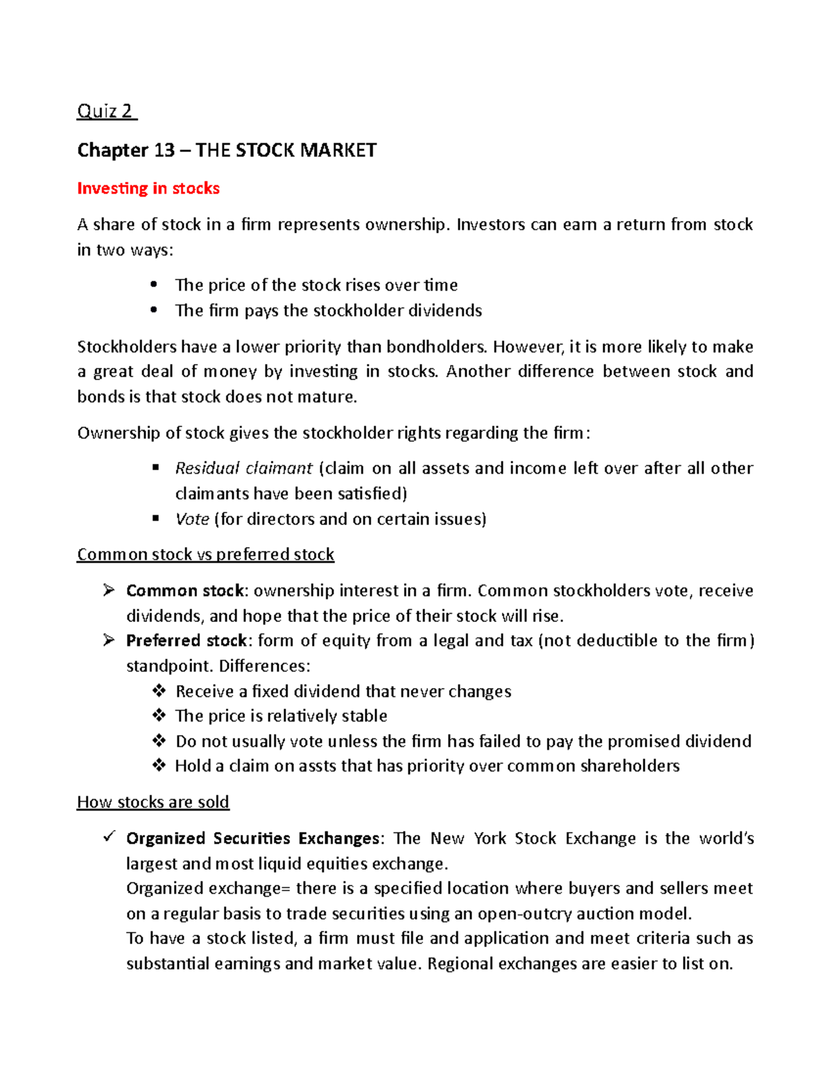 FMI quiz 2 Quiz 2 Quiz 2 Chapter 13 THE STOCK MARKET Investing in