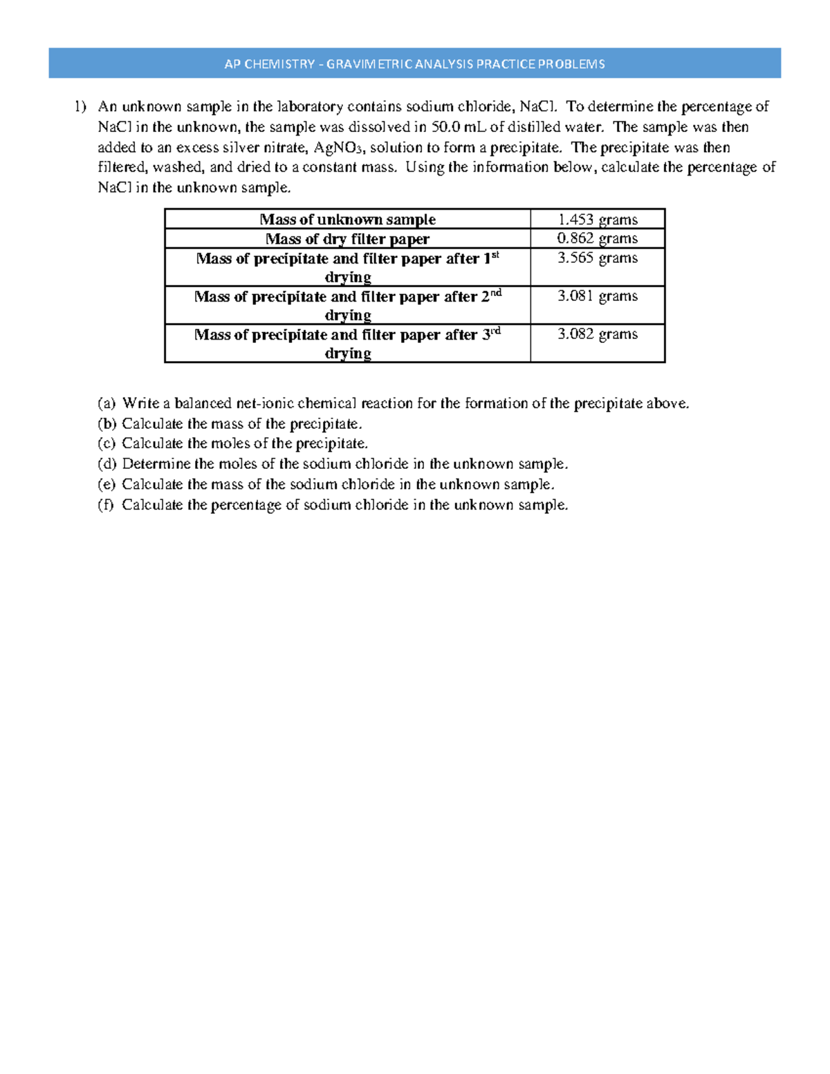 Gravimetric analysis sample problems An unknown sample in the