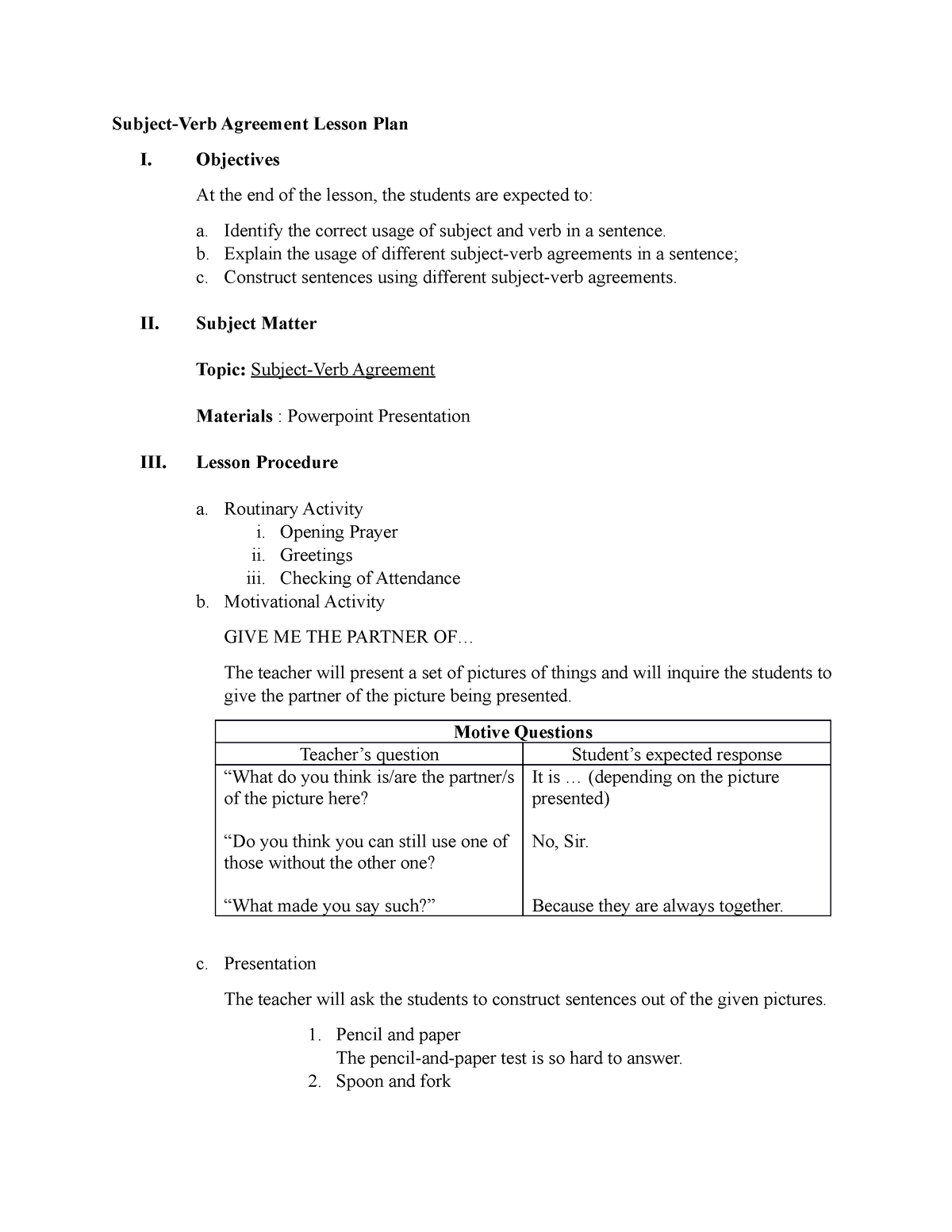 Subject VERB Agreement Lesson PLAN Subject Verb Agreement Lesson Plan 