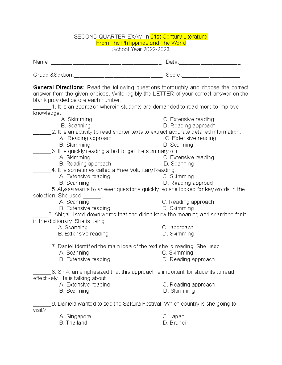 21st Century 2ND Quarter TEST - SECOND QUARTER EXAM In 21st Century ...