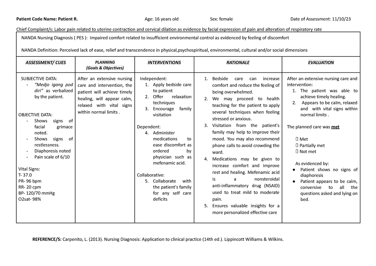 Impaired Comfort - nursing care plan - Patient Code Name: Patient R ...