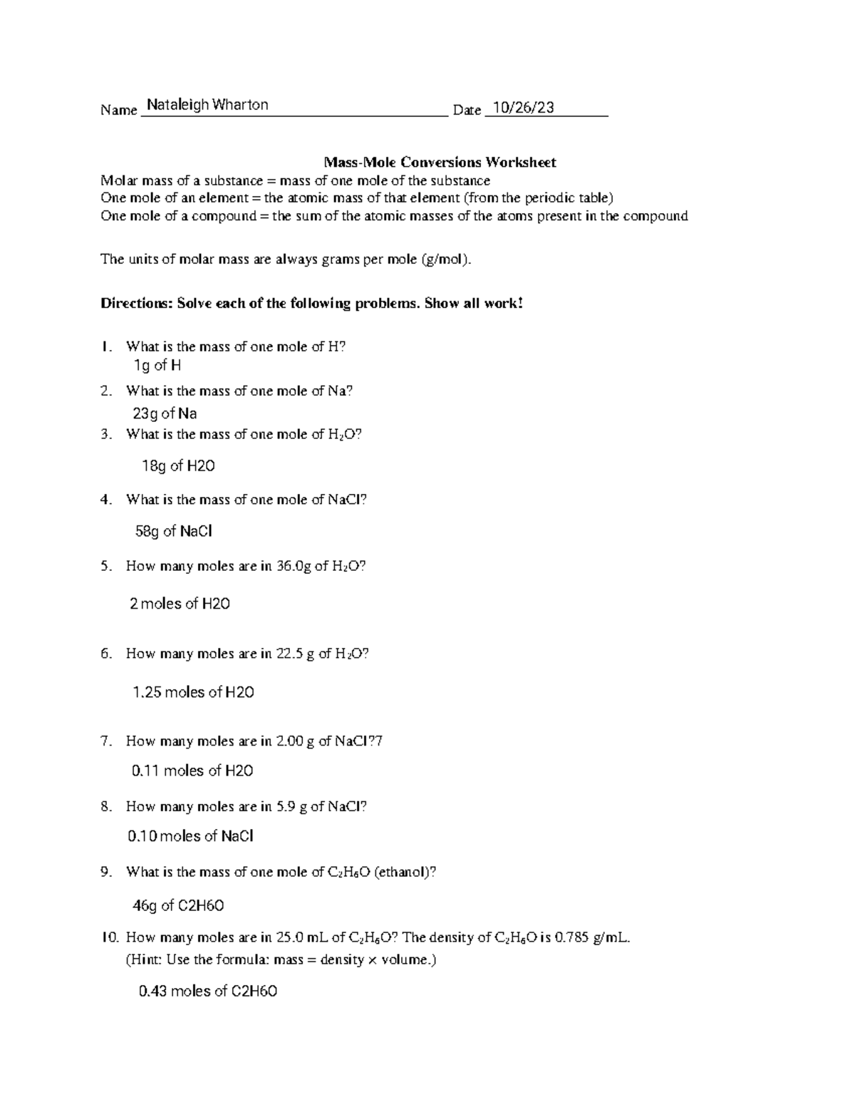 Chapter 10 day 4 Mass-Mole Conversions Worksheet - Name