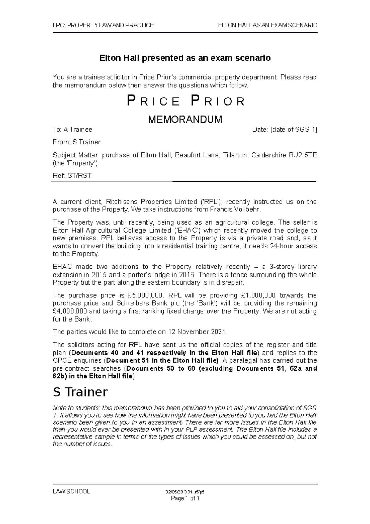 Elton Hall as an exam scenario LPC PROPERTY LAW AND PRACTICE ELTON