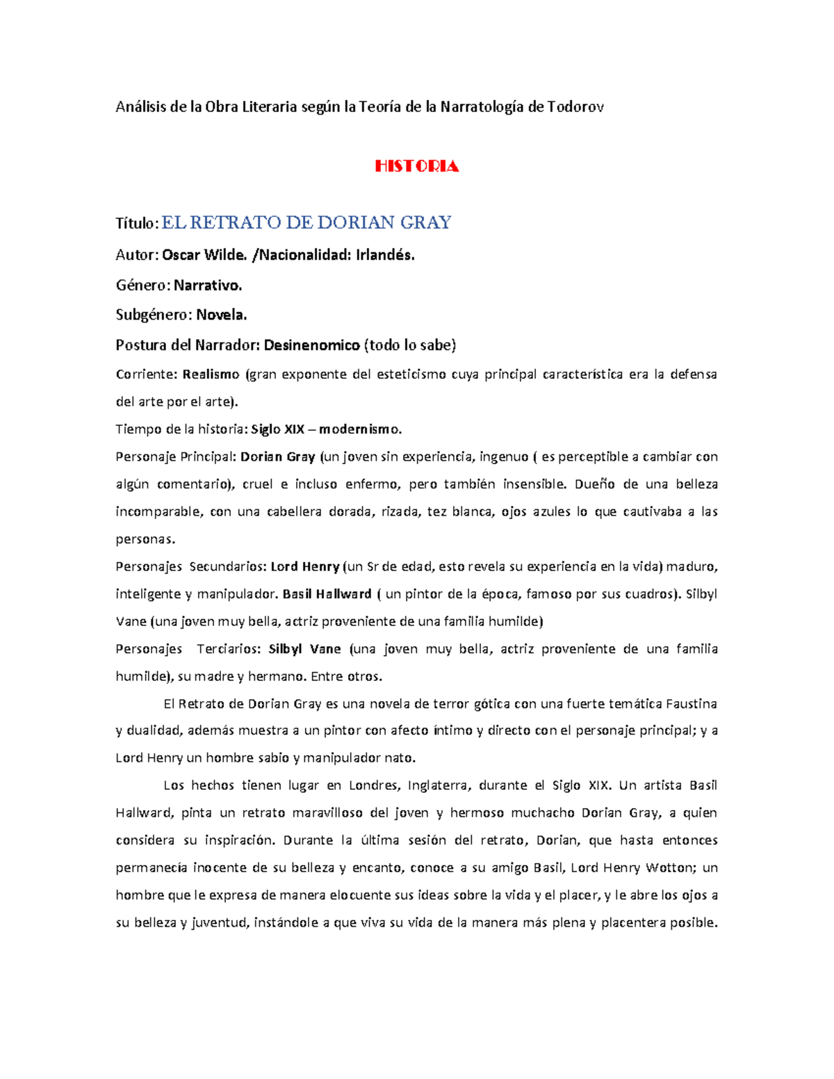 An lisis De La Obra Literaria Dorian An lisis De La Obra Literaria