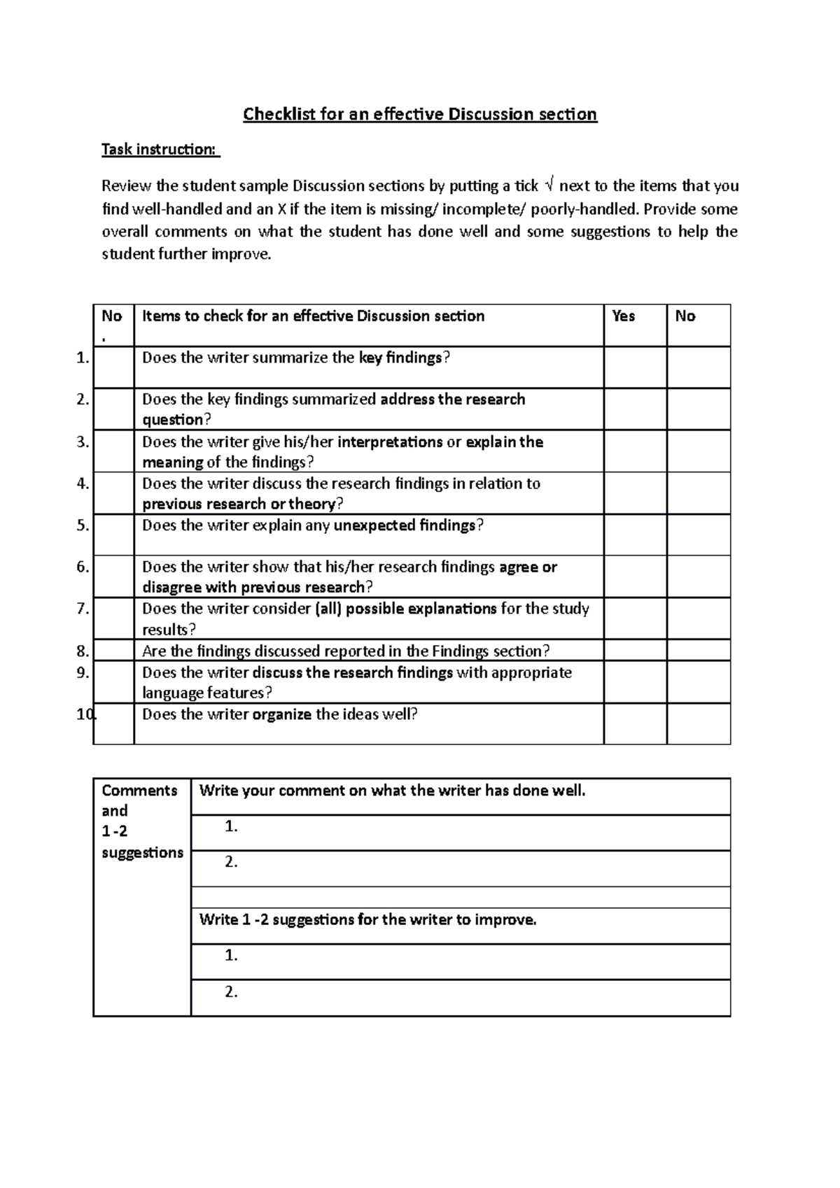 Student Sample Evaluation Form - Discussion - Checklist for an ...