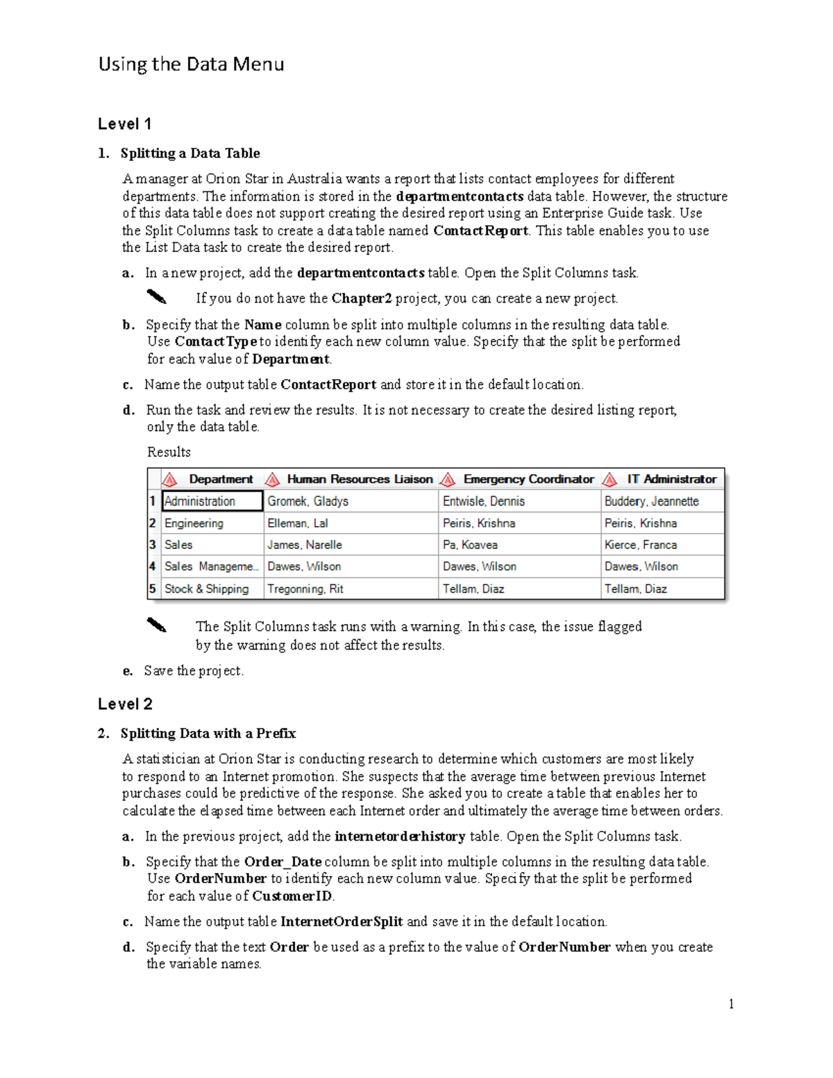 Using Data Menu - Assignment - Level 1 Splitting a Data Table A manager ...
