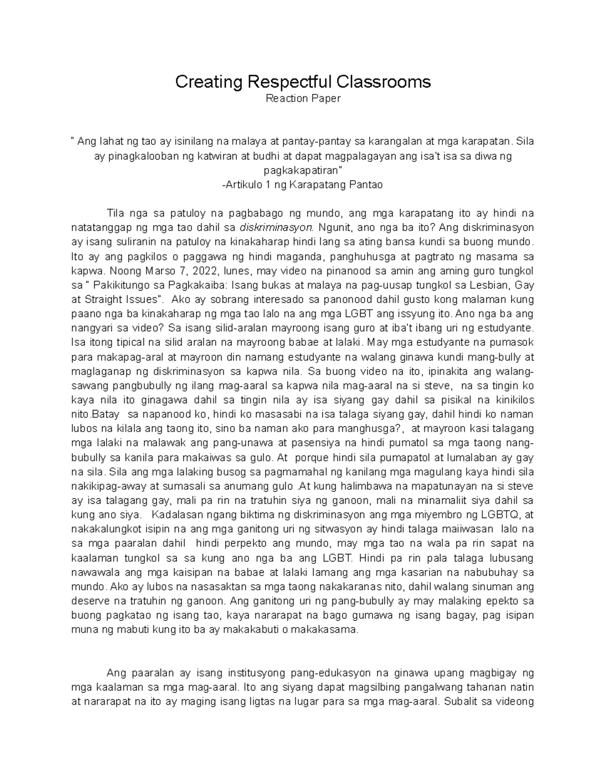 Untitled document - notes - Creating Respectful Classrooms Reaction ...