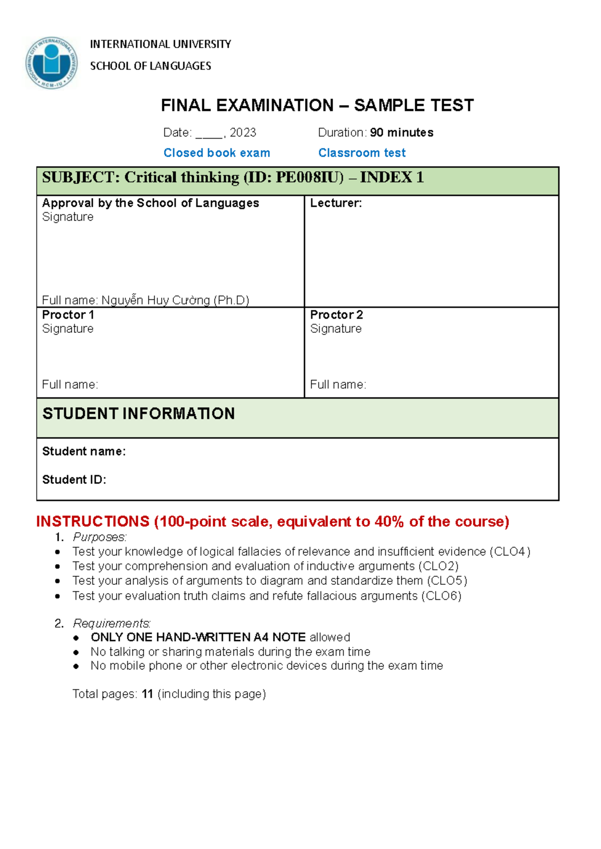 Critical Thinking - Sample test for final exam - INTERNATIONAL ...