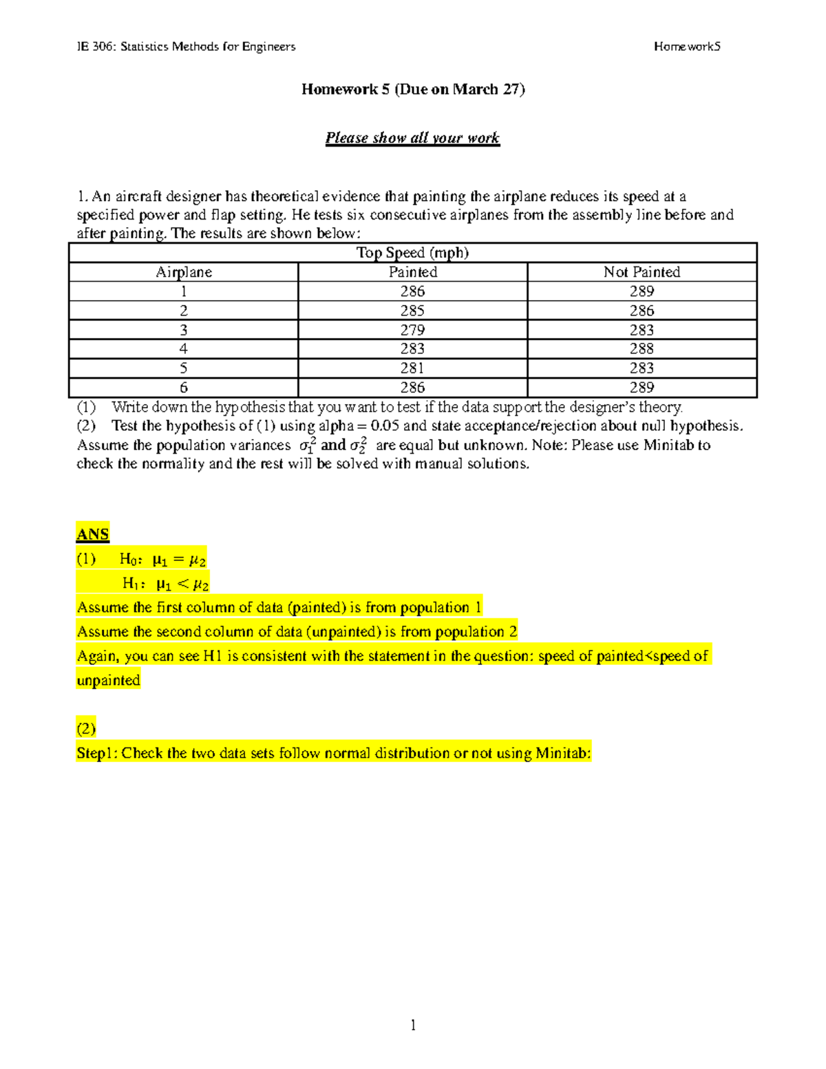 Homework 5 Solution - IE 306: Statistics Methods for Engineers ...