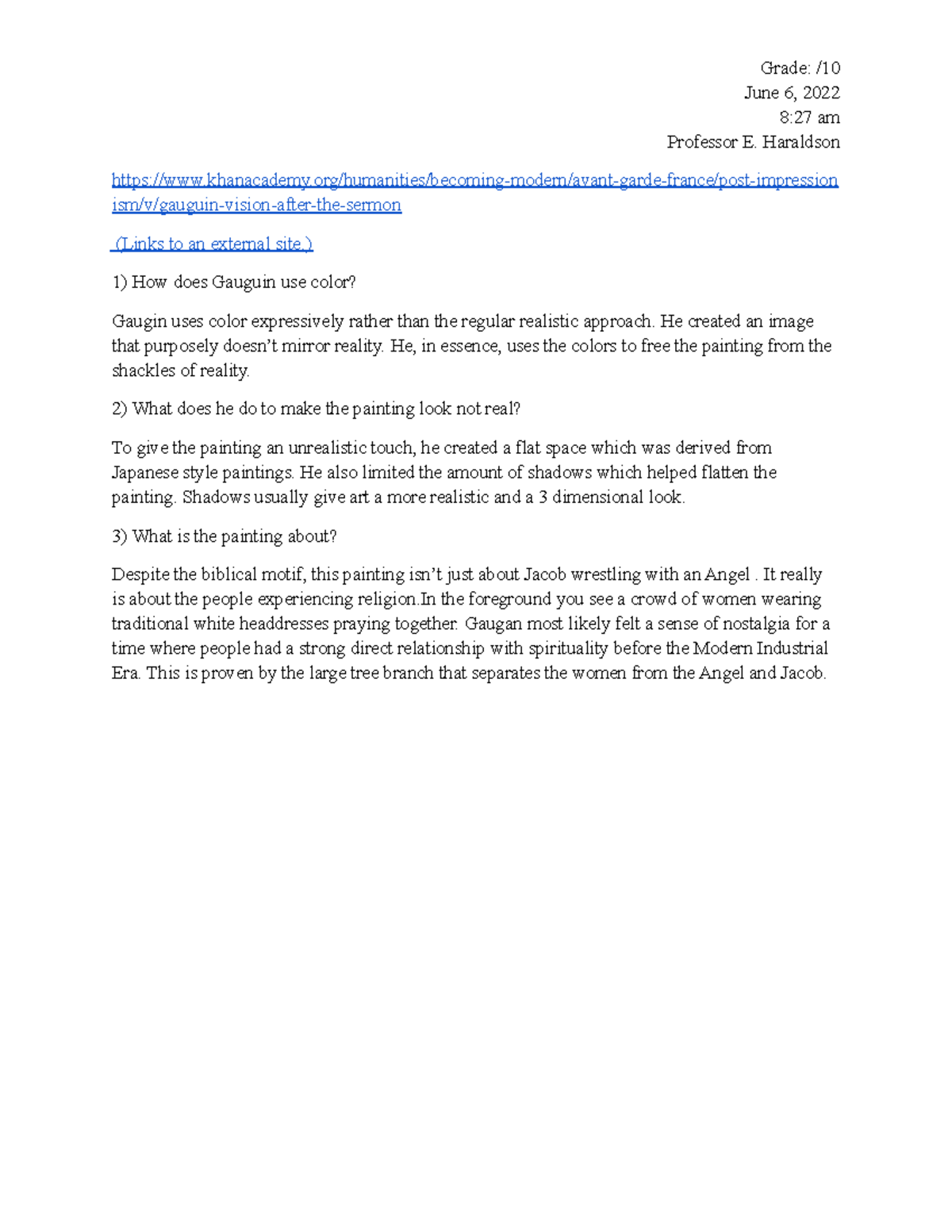 Smarthistory HW 10 Art History 102 Prof. Haraldson Grade / June 6