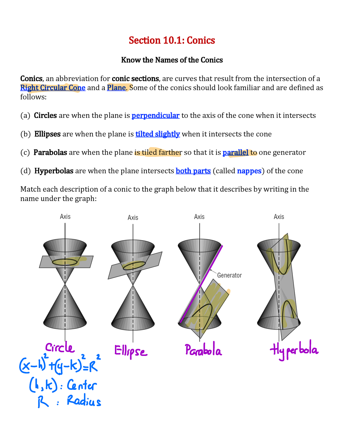 Section 1 - Chapter 10.1 Lecture Notes - Section 10 .1: Conics Know The ...