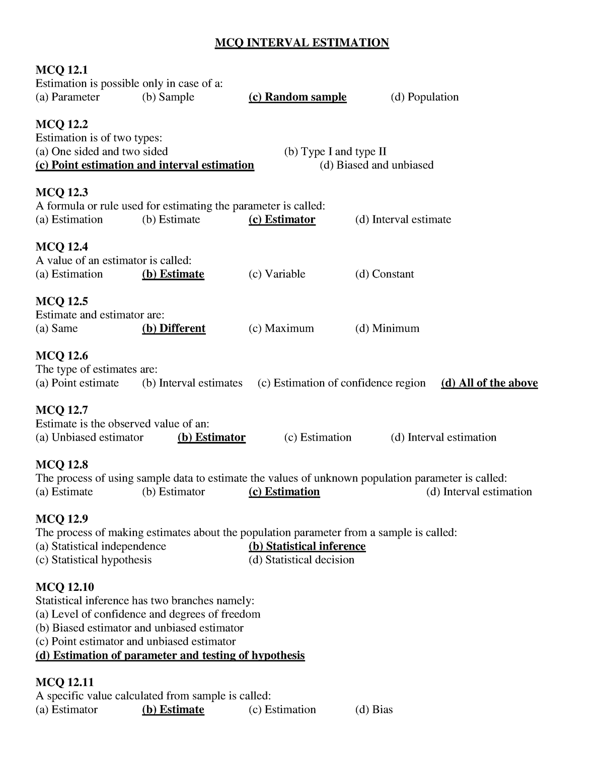 Mcq Interval Estimation With Correct Answers - MCQ INTERVAL ESTIMATION ...